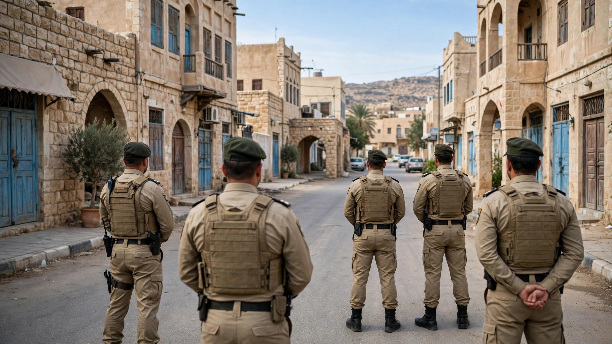 Uniformed security officers standing on a quiet street lined with stone buildings, seen from behind