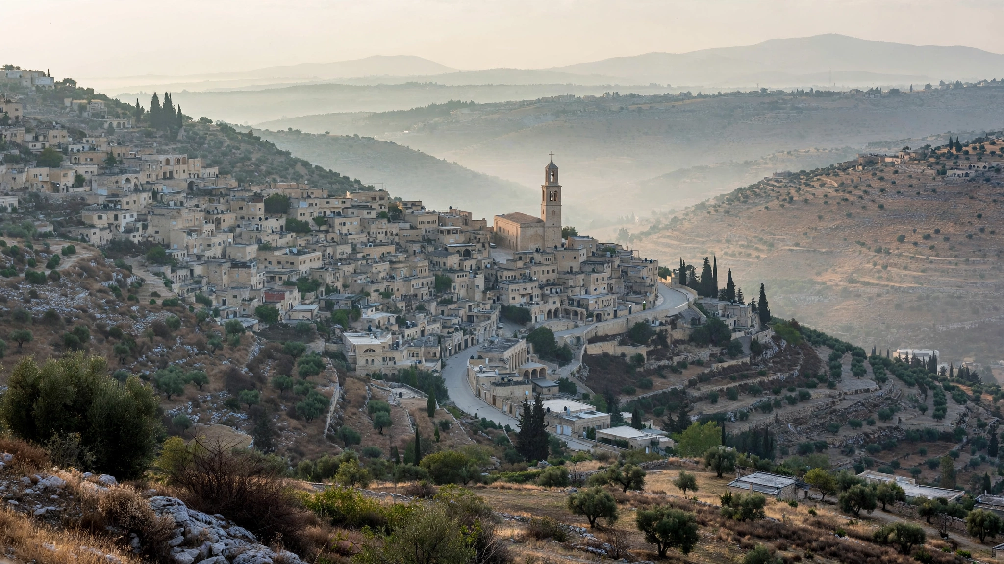Hillside town of limestone buildings with a church tower, seen from a distance in morning light