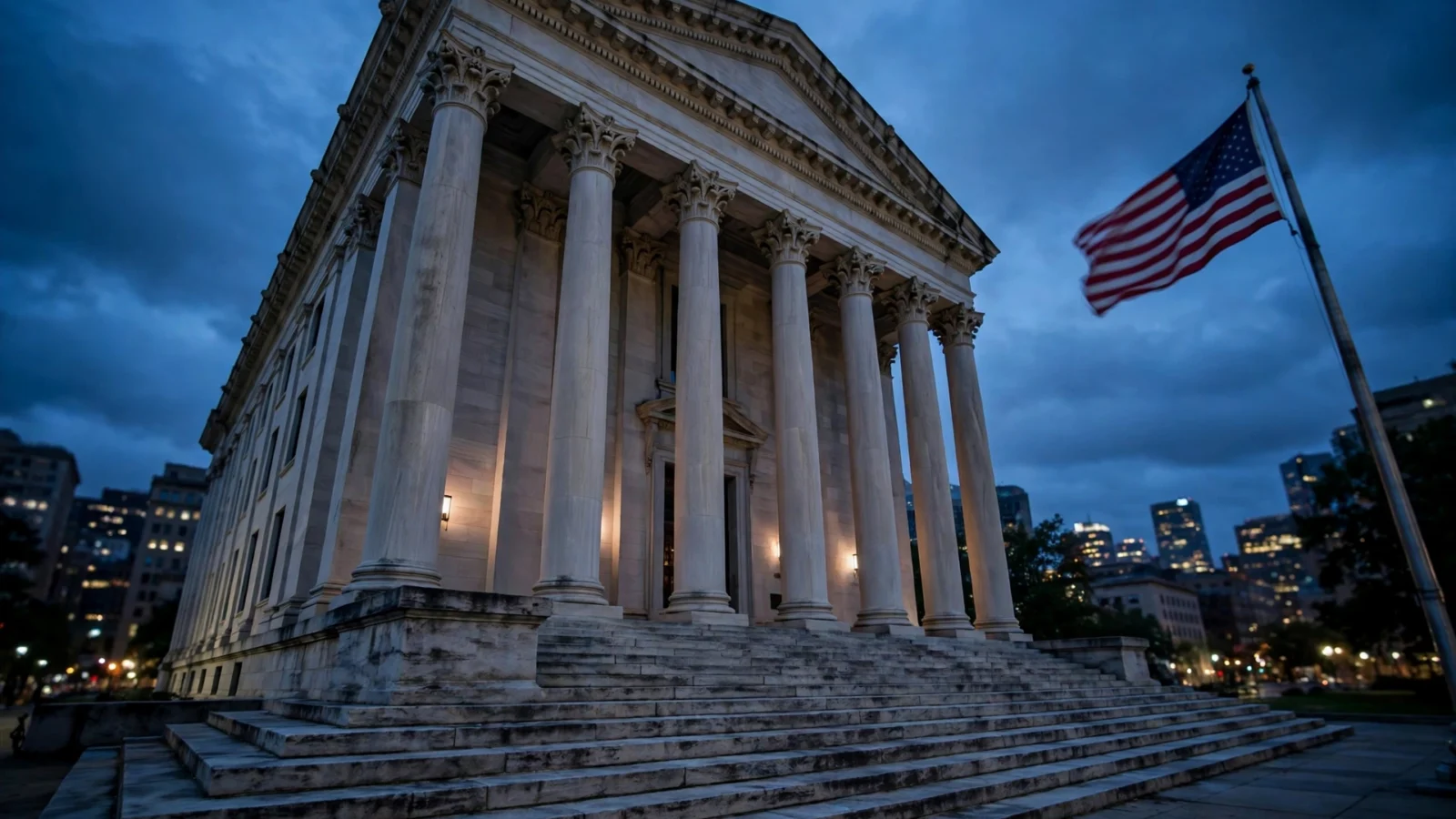 A federal courthouse with stone columns and wide steps beside an American flag at dusk.