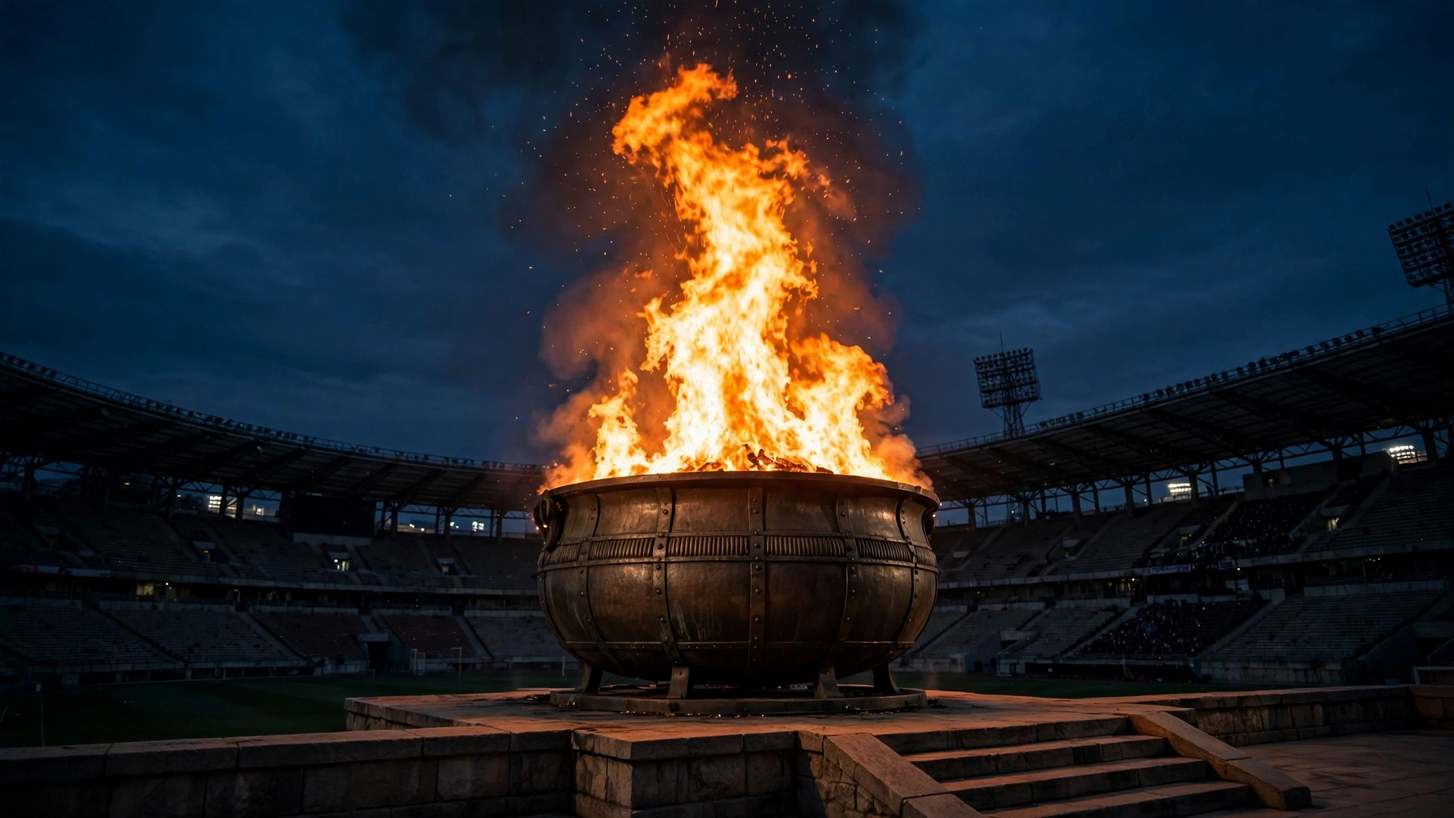 A large flame burning in a metal cauldron in a stadium at night