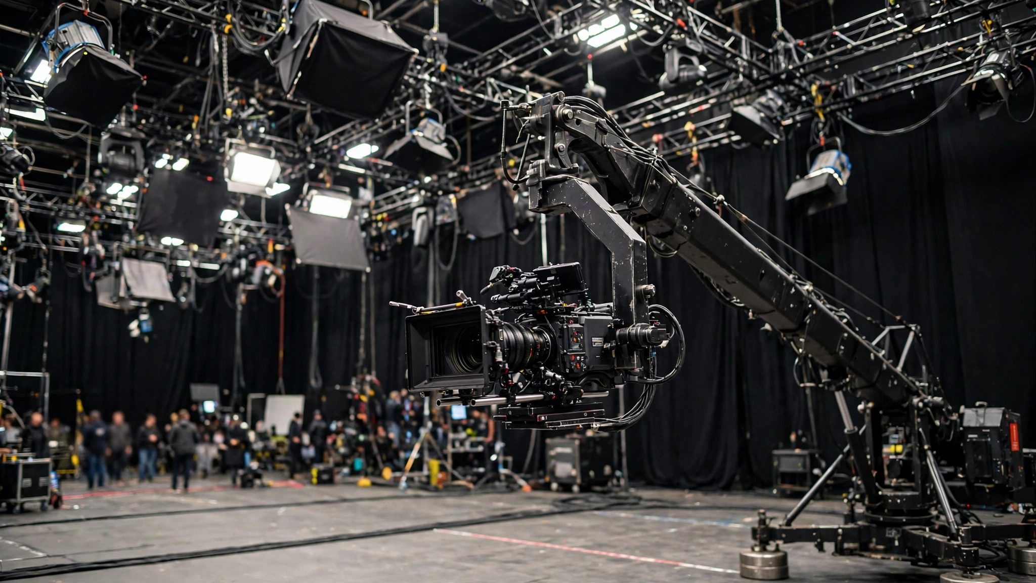 A film camera on a crane on a soundstage with lighting rigs overhead and crew members in the distance