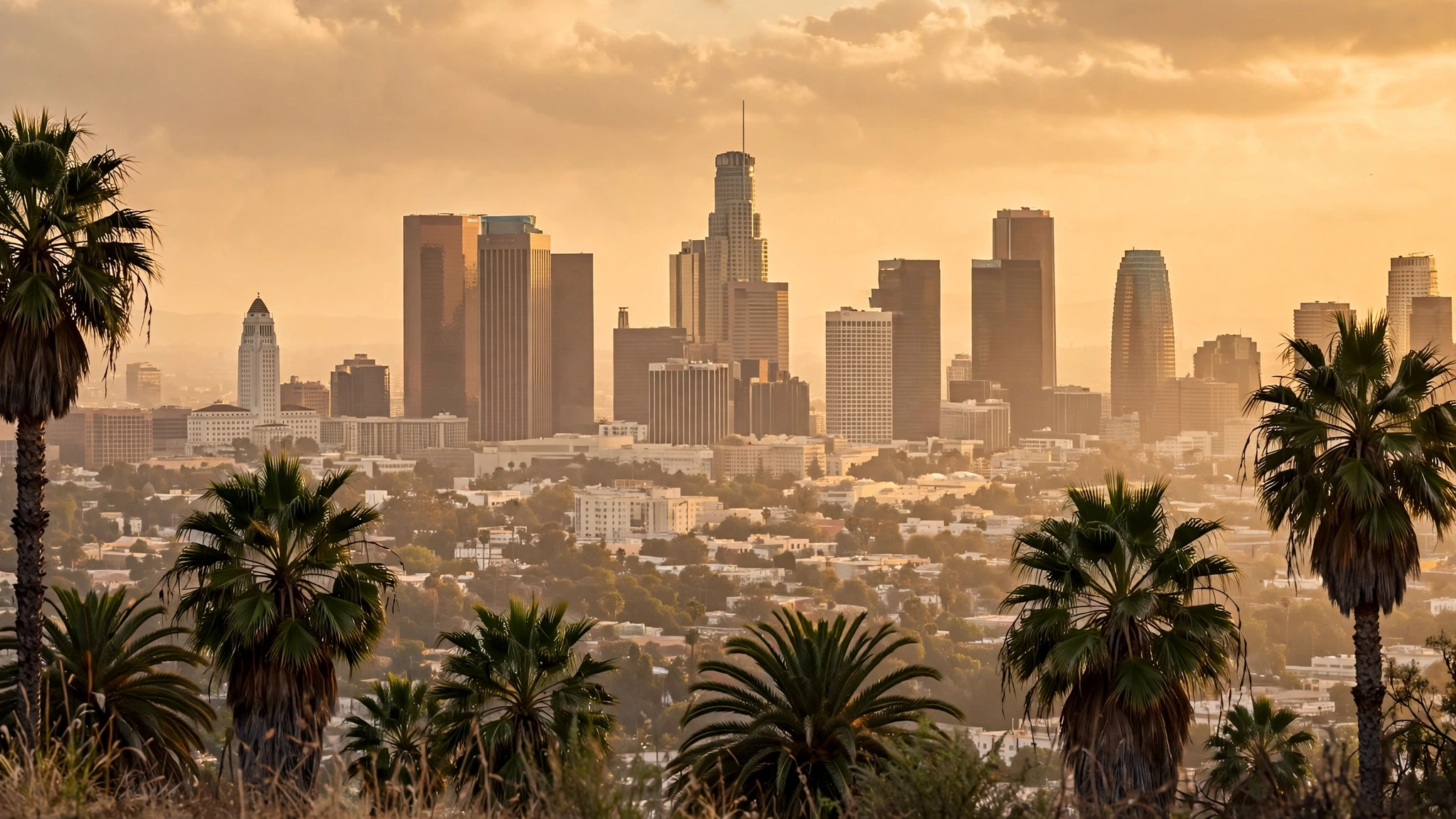 The downtown Los Angeles skyline with palm trees in the foreground in warm evening light