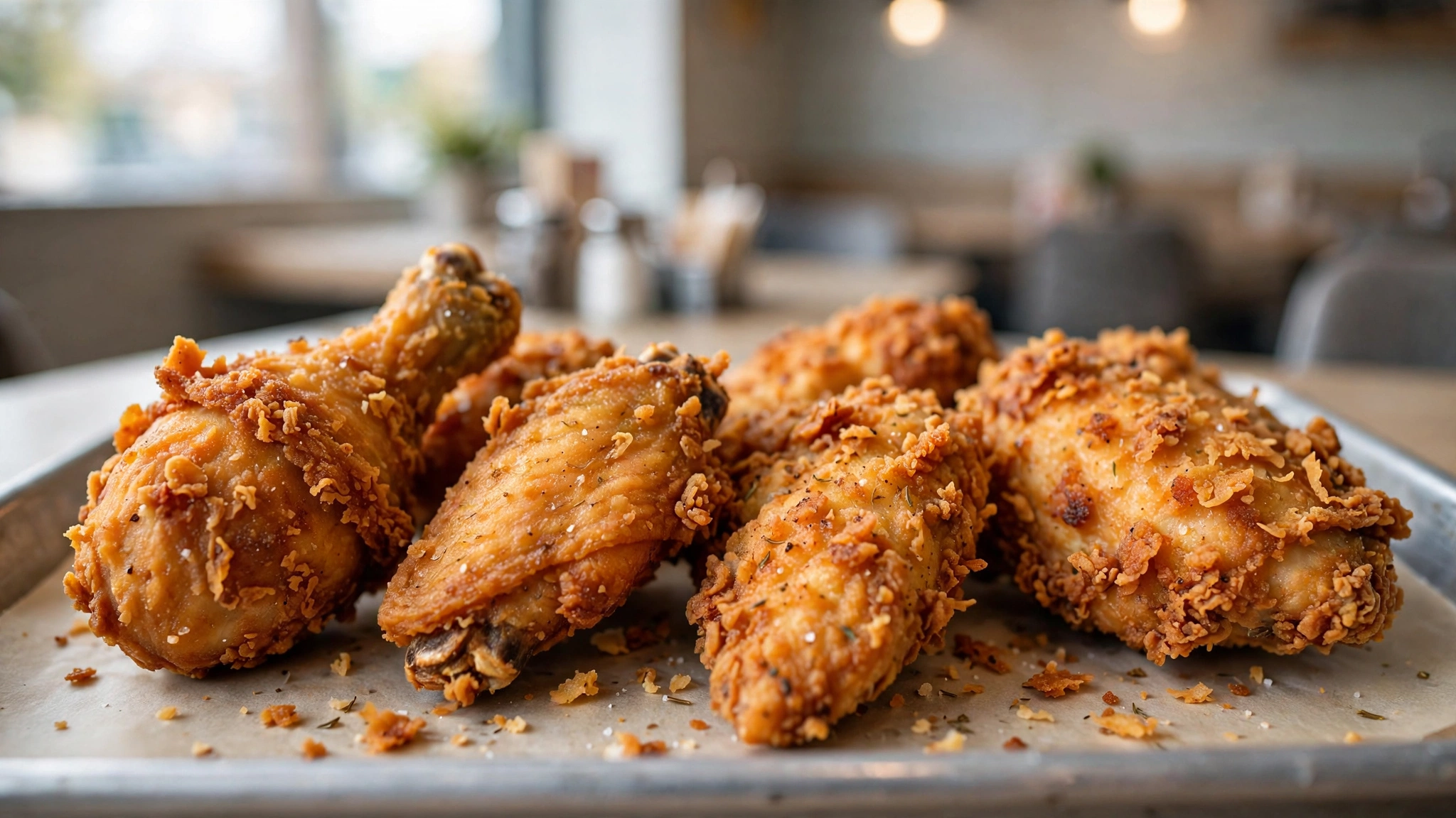 Golden fried chicken pieces arranged on a metal serving tray.