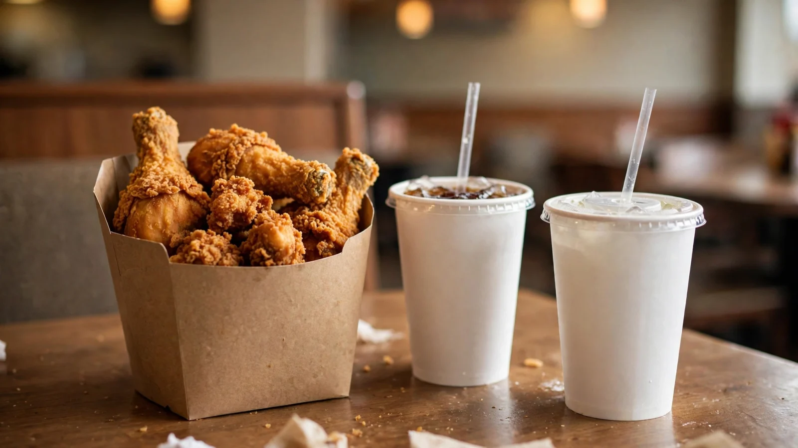 A paper container of fried chicken pieces and two plain fountain drink cups on a restaurant table.