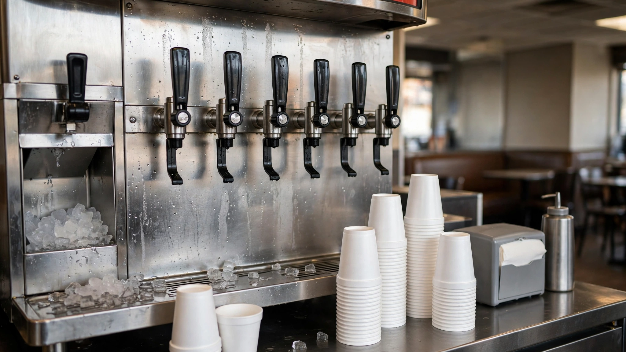 A self-serve soda fountain machine with stacks of plain white cups in a restaurant.