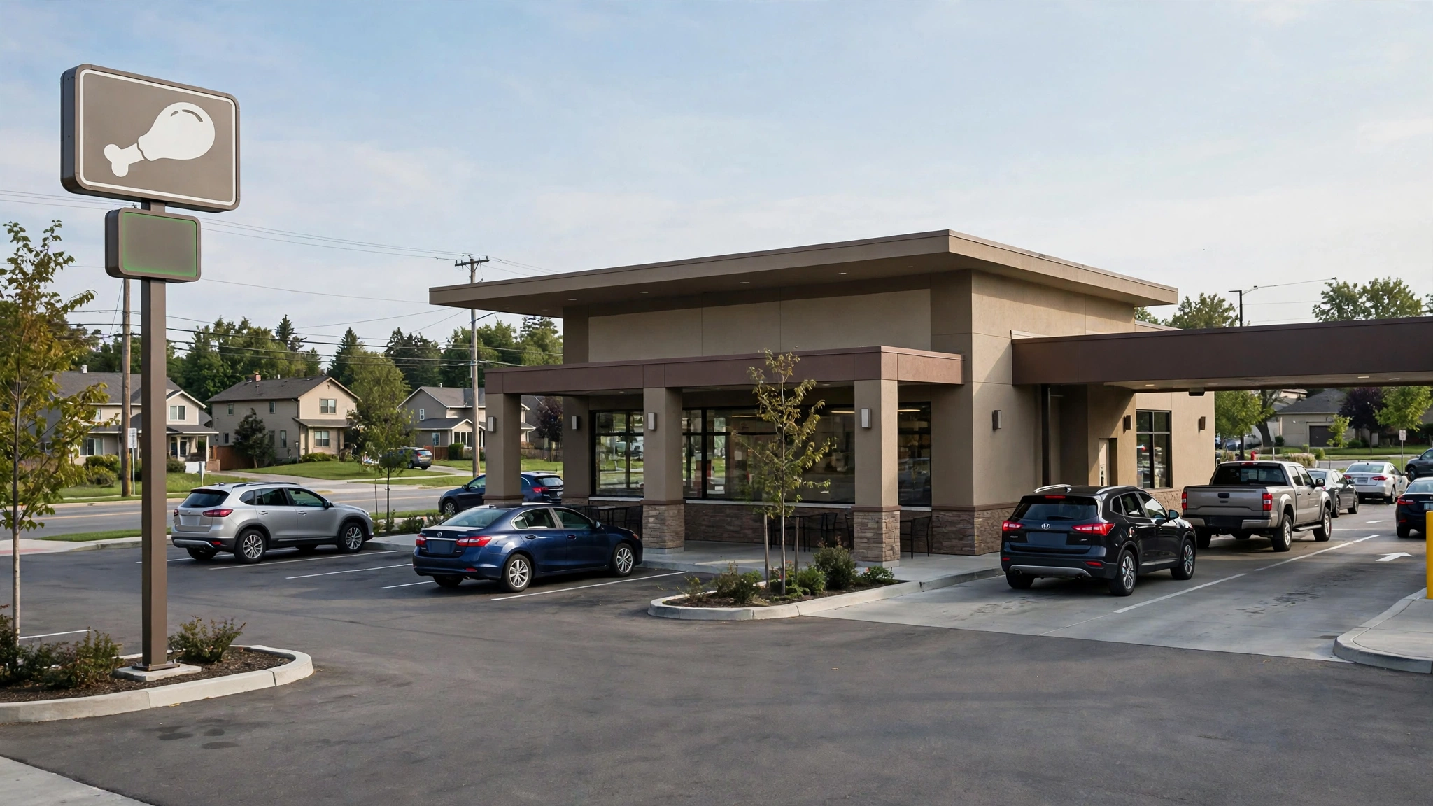 A fast-food chicken restaurant building with a drive-thru and cars in the parking lot.