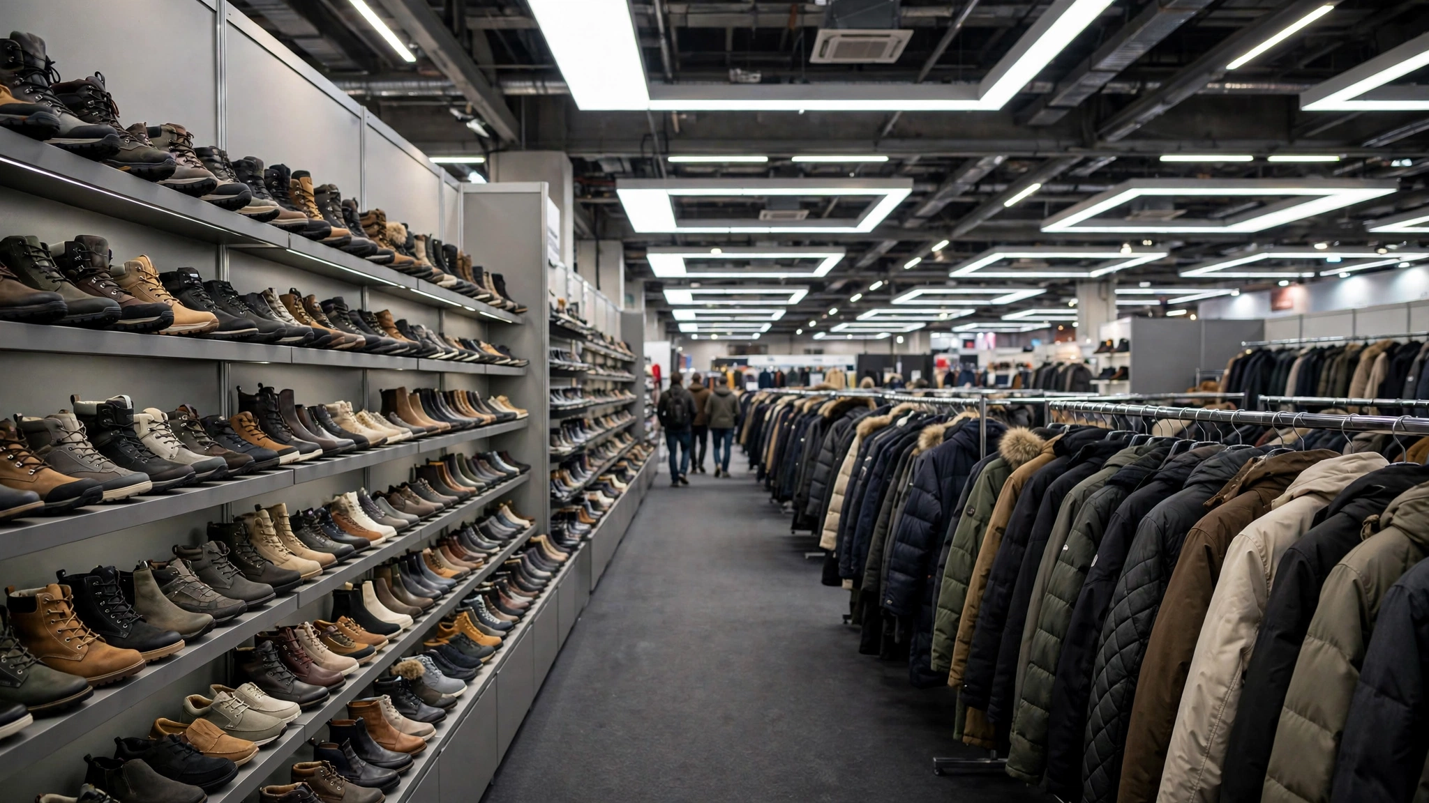 Illustrative photo of a garment and footwear exhibition hall interior with rows of shoes on shelves and coats on racks, and a few visitors seen from behind.