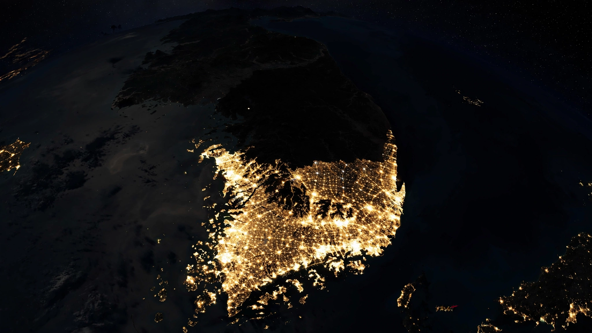 Illustrative satellite-style image of the Korean peninsula at night, with bright city lights in the south and near darkness in the north.