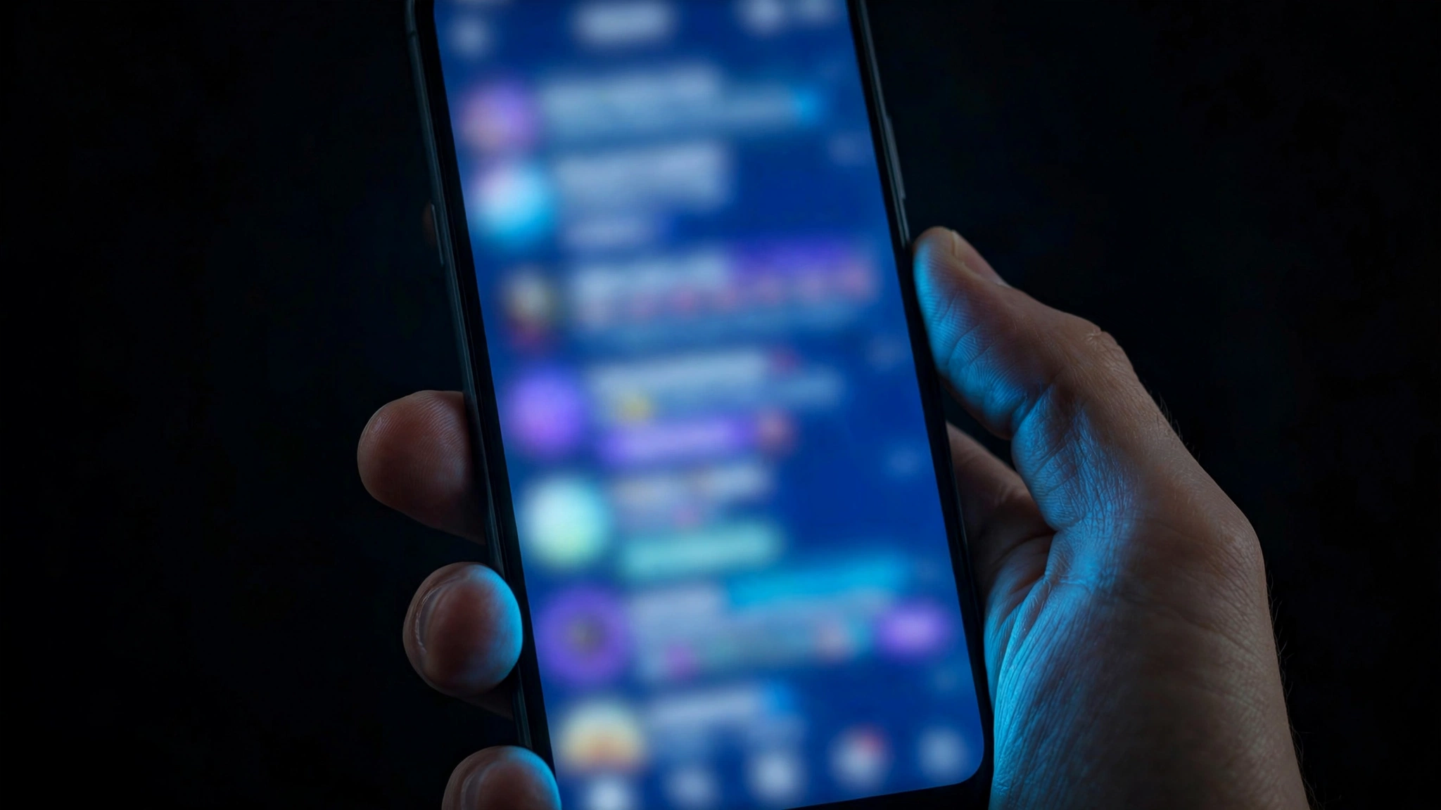 Illustrative photo of a hand holding a smartphone showing a blurred, unreadable social media feed in a dark room.