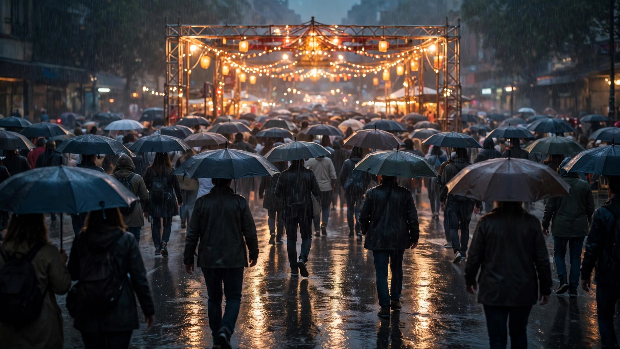 Festival visitors with umbrellas walk toward a lighted pandal entrance in the rain at dusk.