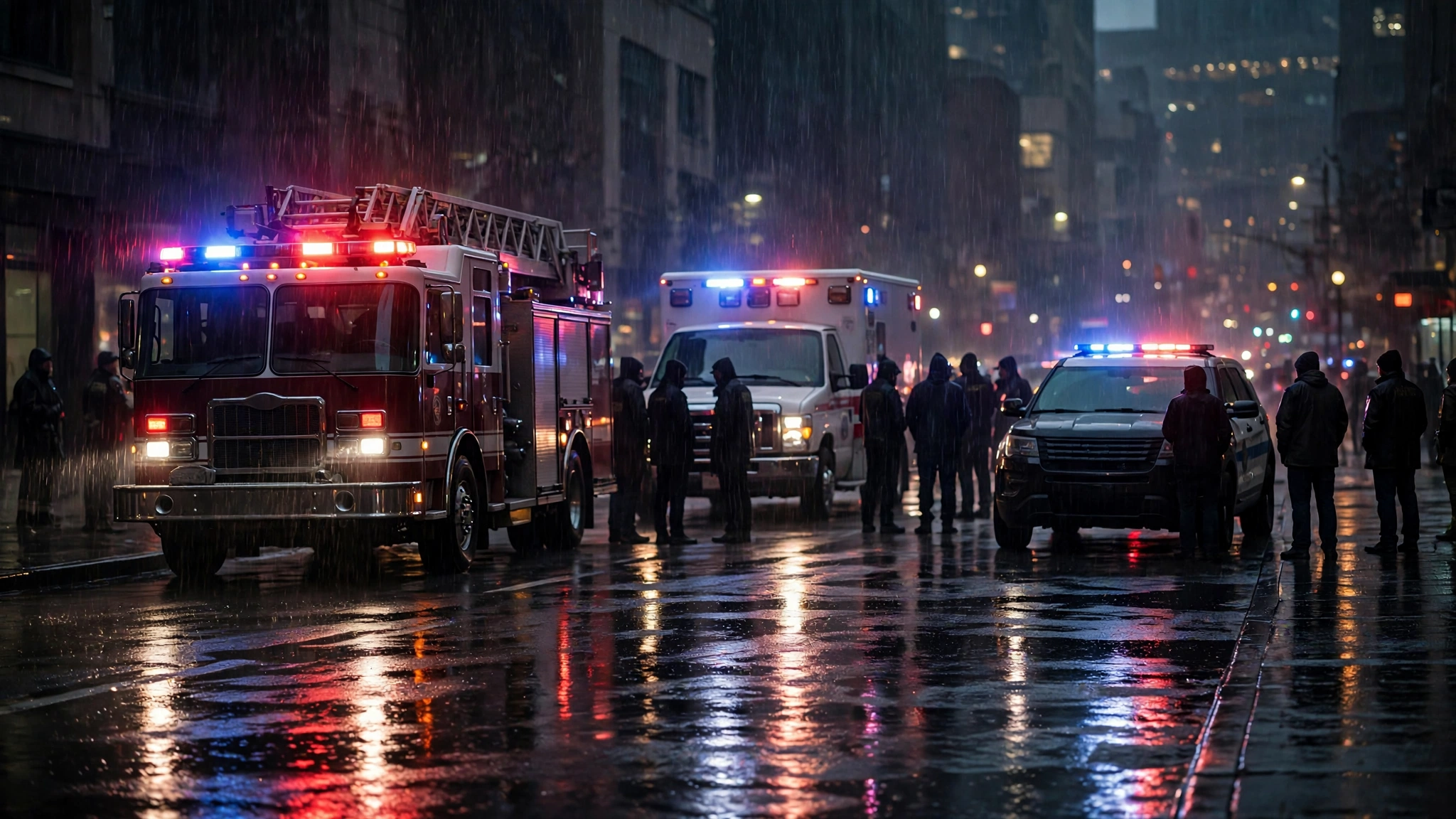 Fire trucks, ambulances and police vehicles with flashing lights on a rainy city street at night.