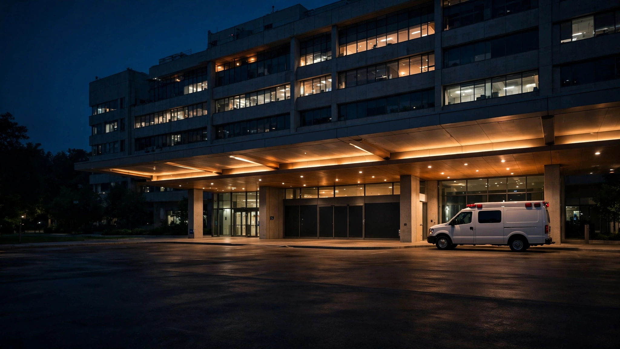 An ambulance parked outside a hospital entrance at night.