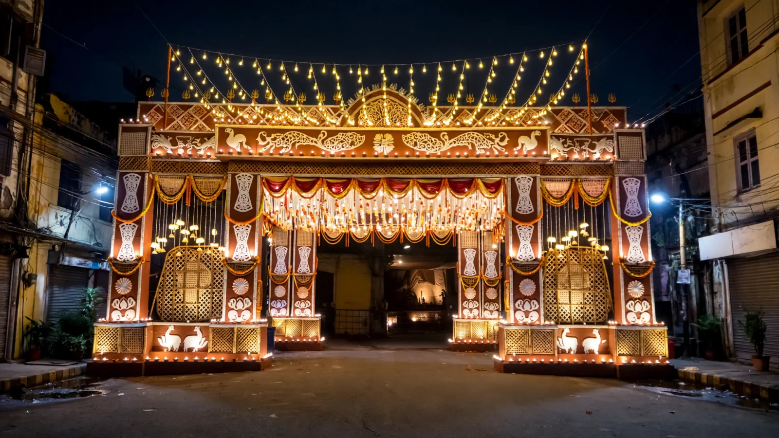 An illuminated Durga Puja pandal entrance decorated with lights in Kolkata at night, the street in front empty.