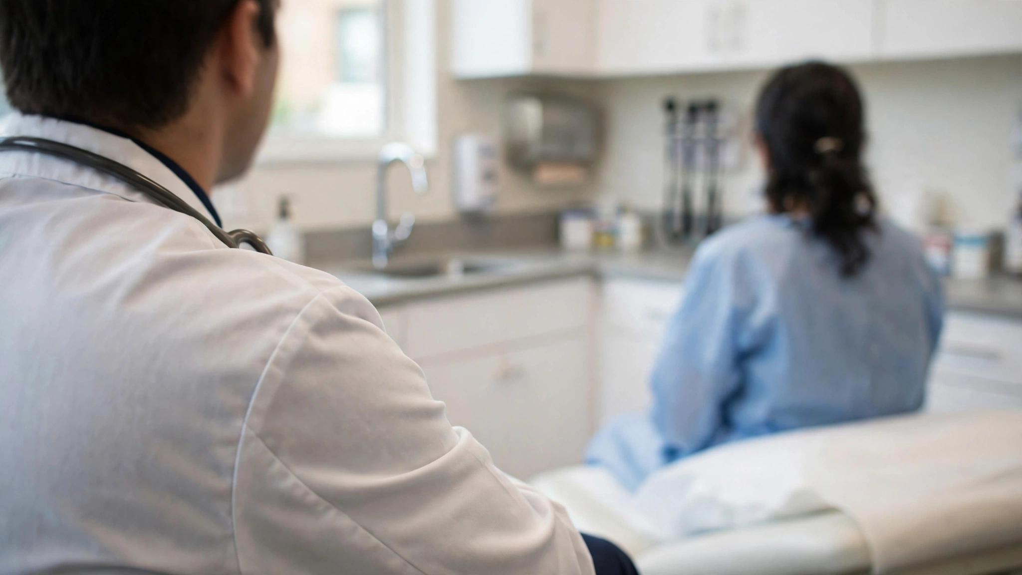 A doctor in a white coat with a stethoscope seen from behind, speaking with a patient sitting on an exam table in a bright generic clinic exam room; no identifiable faces.