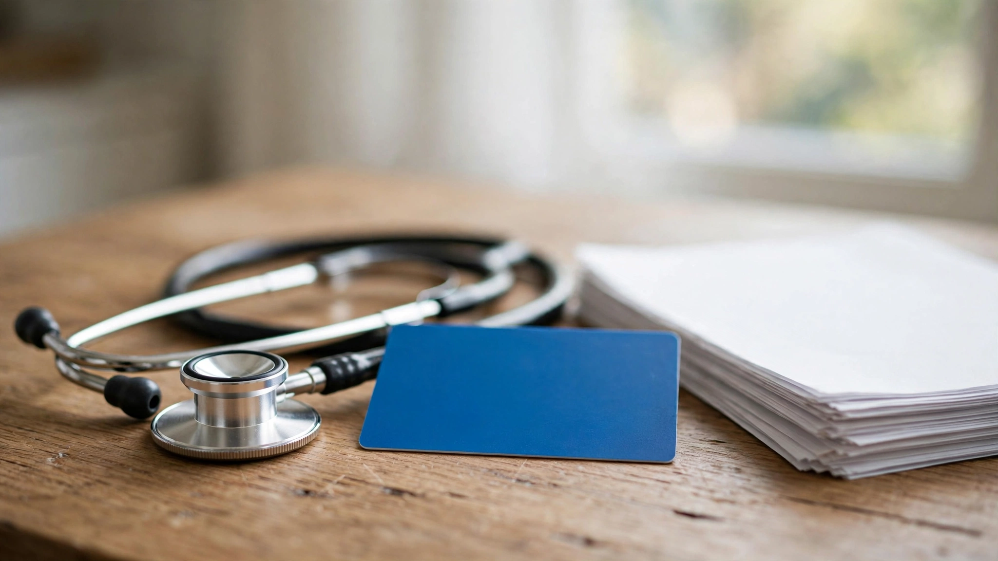 A stethoscope lying on a wooden desk next to a plain blue health insurance card and a stack of blank white papers, all text and numbers illegible.