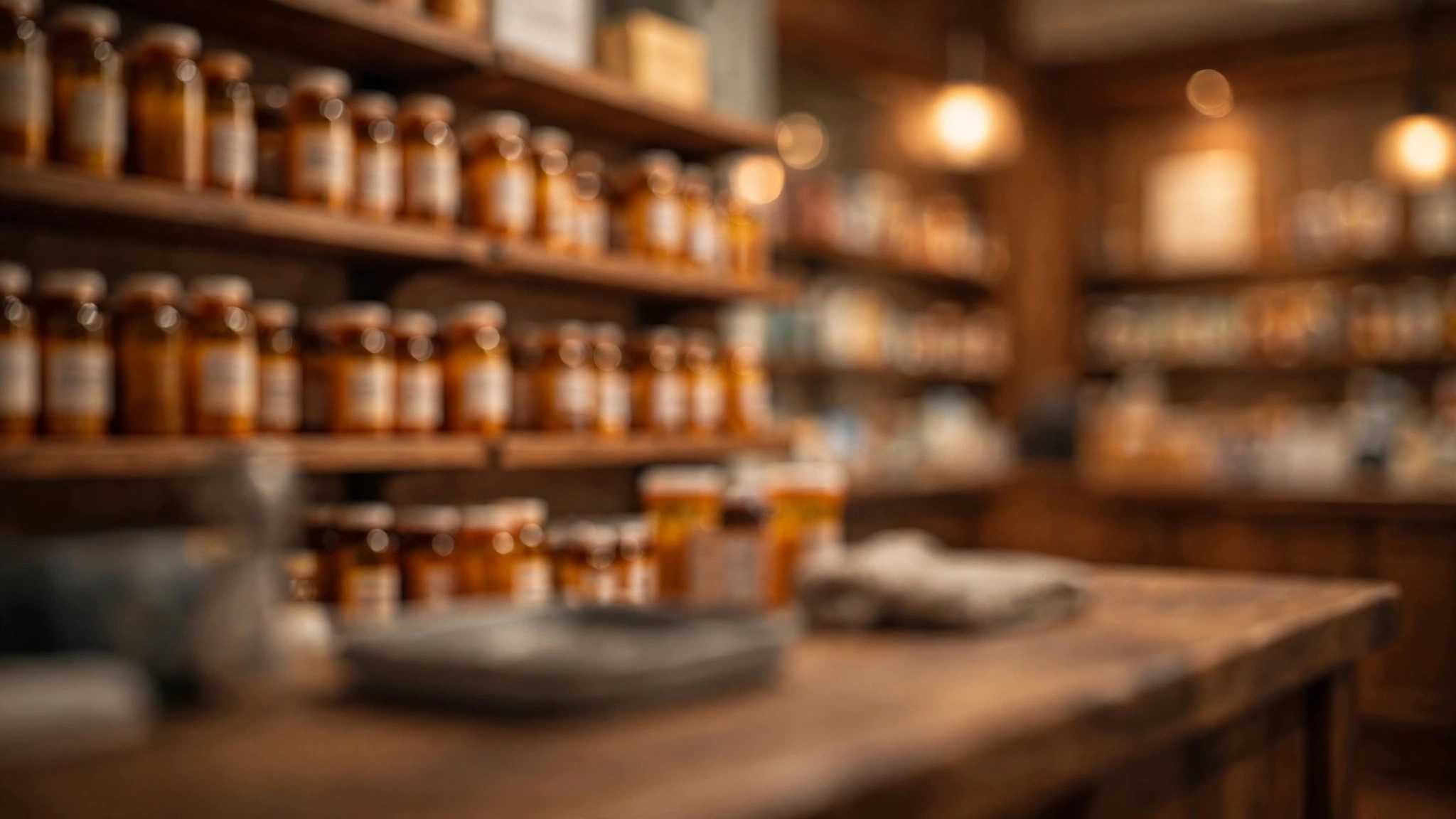 Rows of amber prescription bottles on wooden shelves inside a warmly lit pharmacy, shallow depth of field with all labels blurred and unreadable.