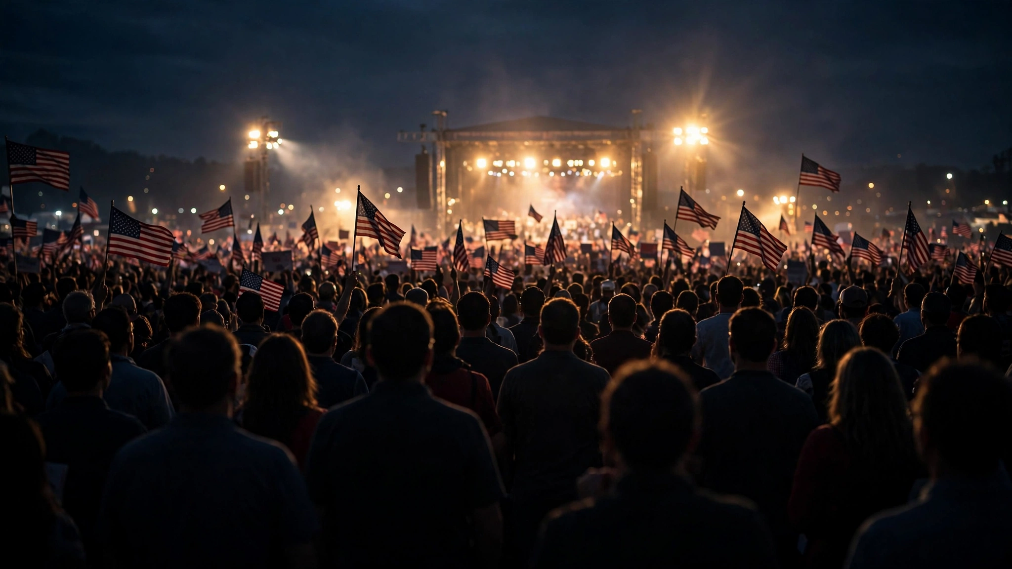 Crowd at an outdoor evening rally waving American flags toward a lit stage