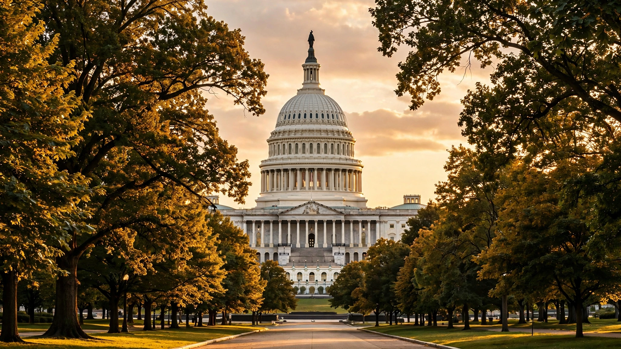 U.S. Capitol dome at golden hour framed by trees