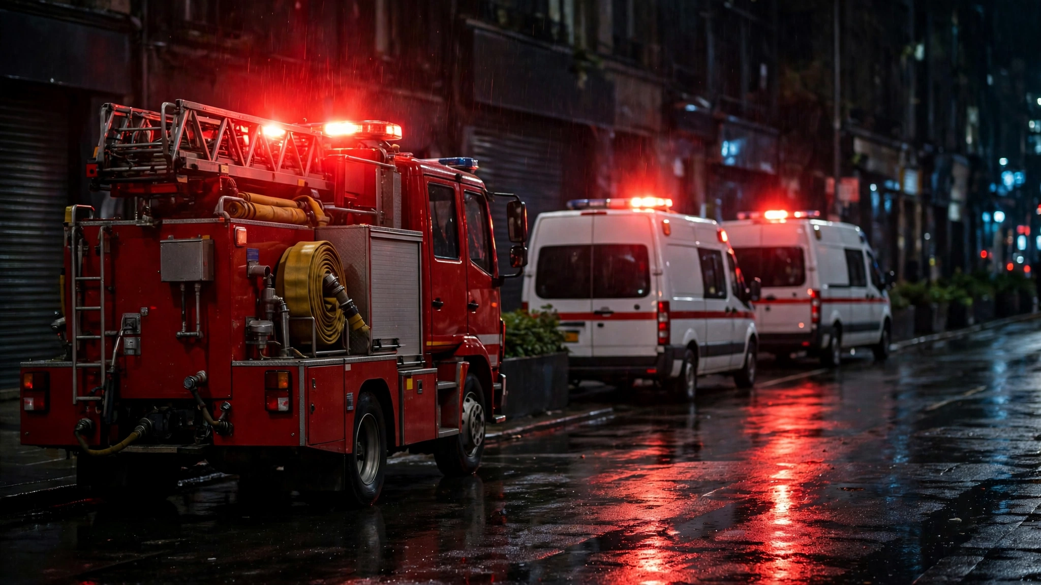 A fire truck and ambulances with flashing emergency lights parked on a city street at night