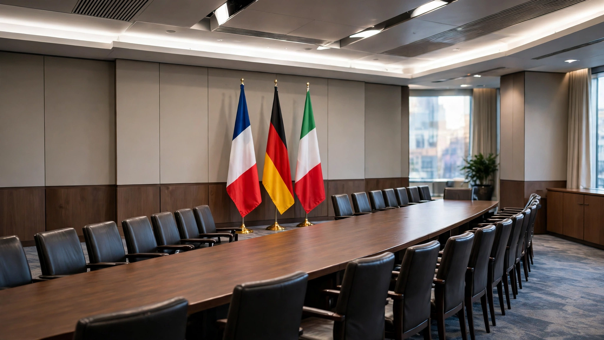 An empty diplomatic conference room with a long table and national flags standing behind it