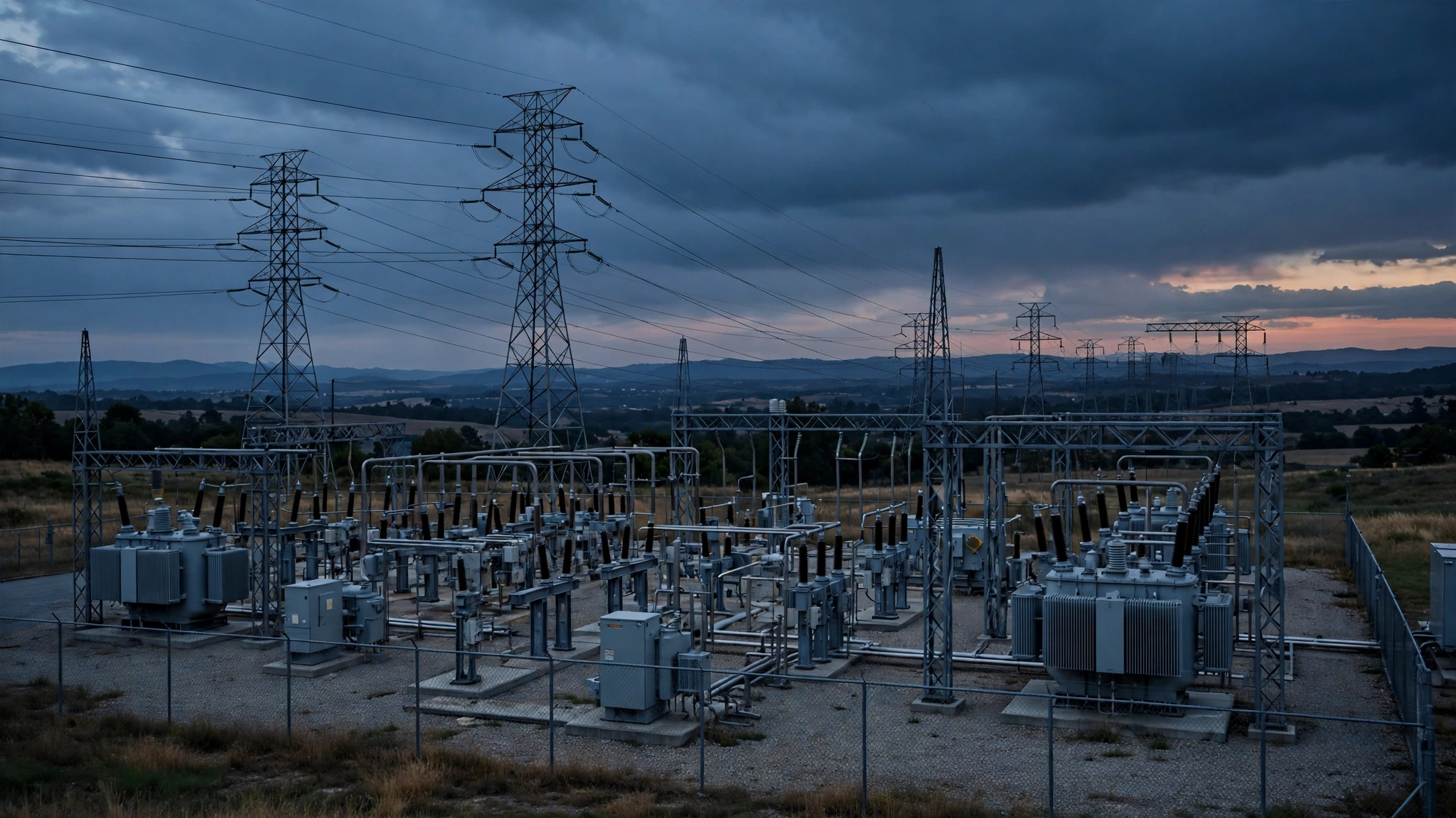 An electrical power substation with transmission towers at dusk