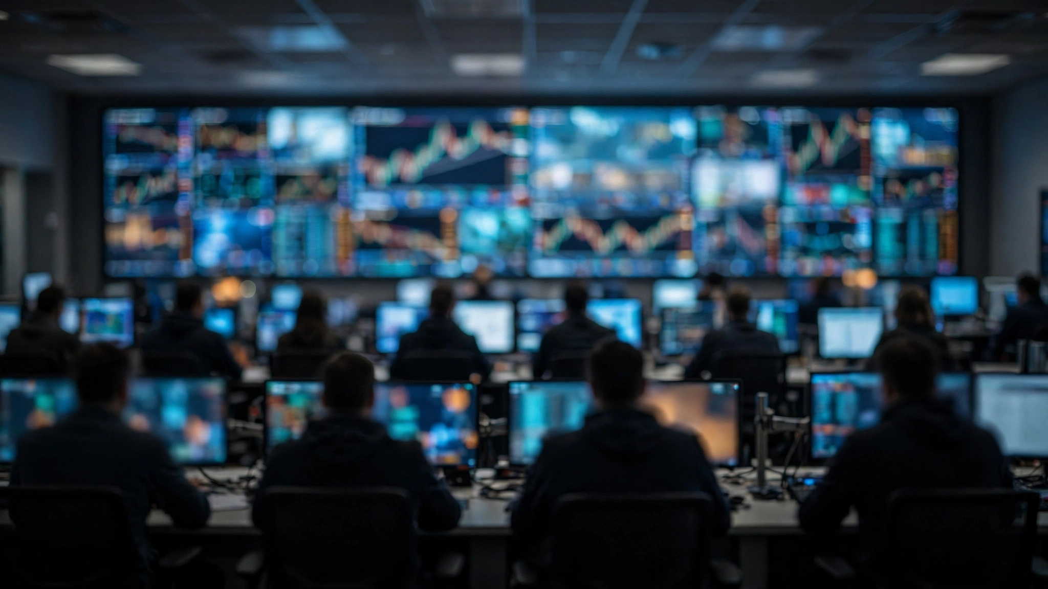People seen from behind at desks in a trading room facing a large wall of blurred market charts.