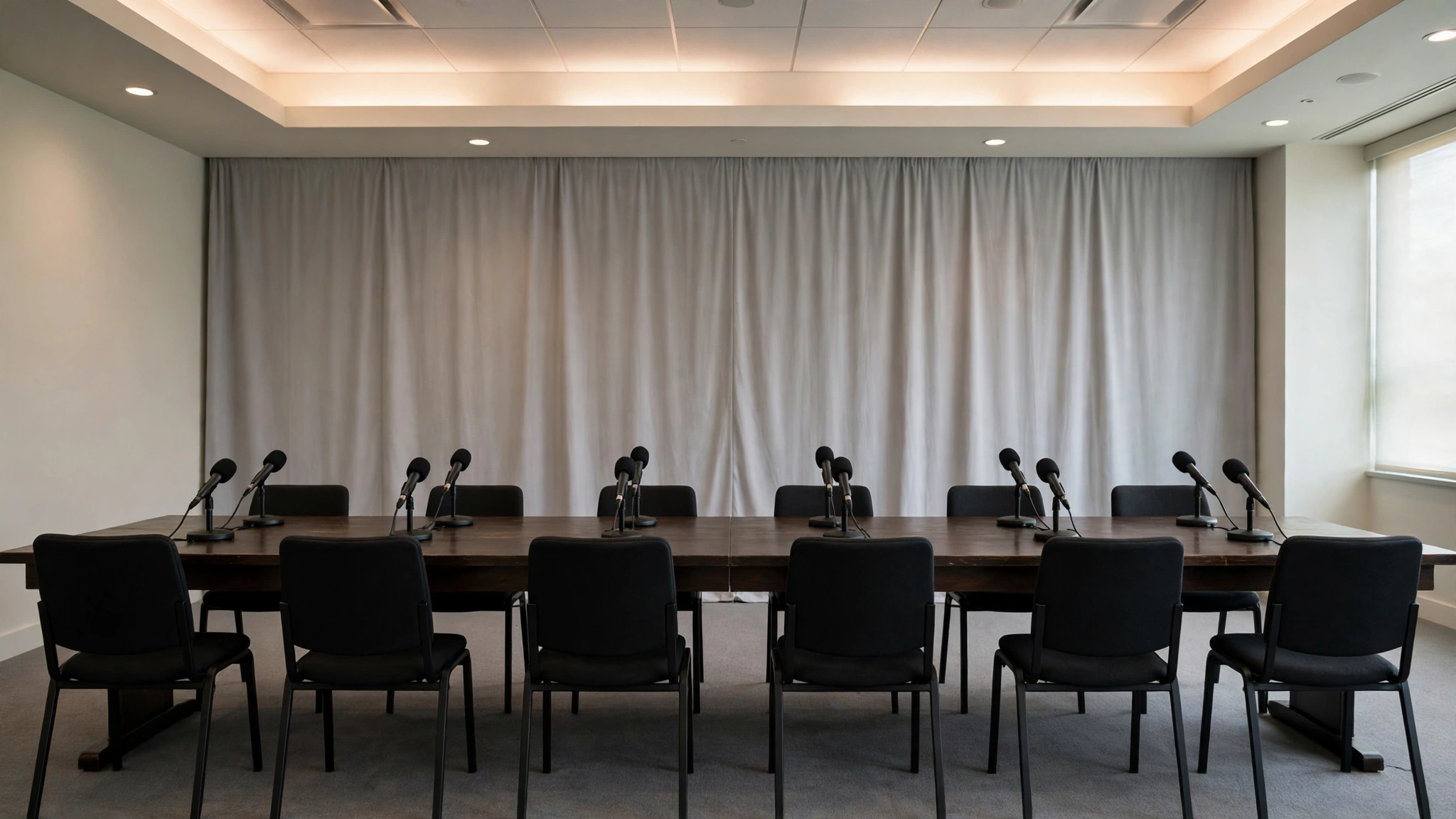 An empty press room with a long wooden table, black chairs and microphones in front of a plain curtain.