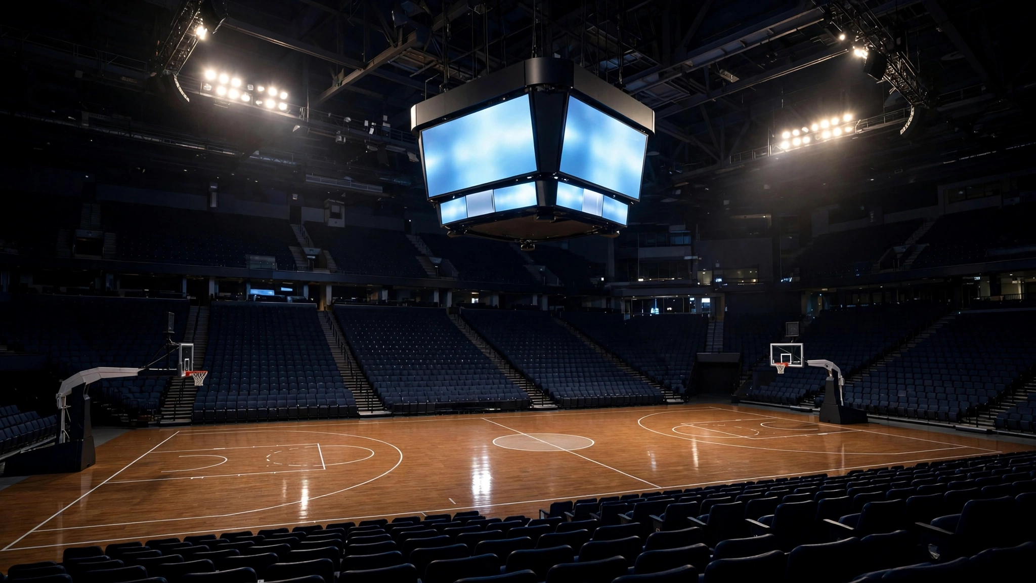An empty professional basketball arena lit up at night