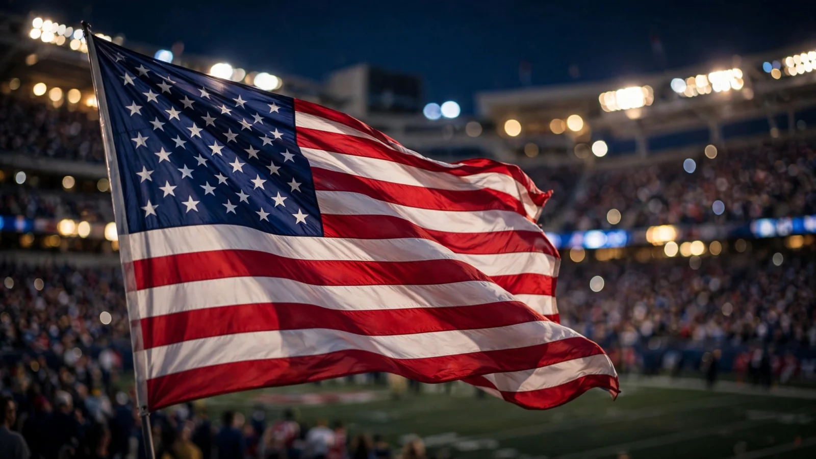 An American flag waving inside a sports stadium at night