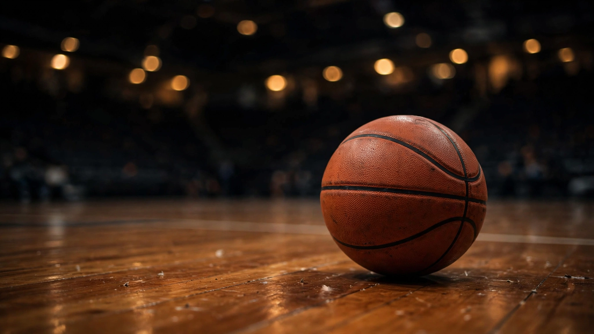 A basketball resting on a polished wooden court under arena lights