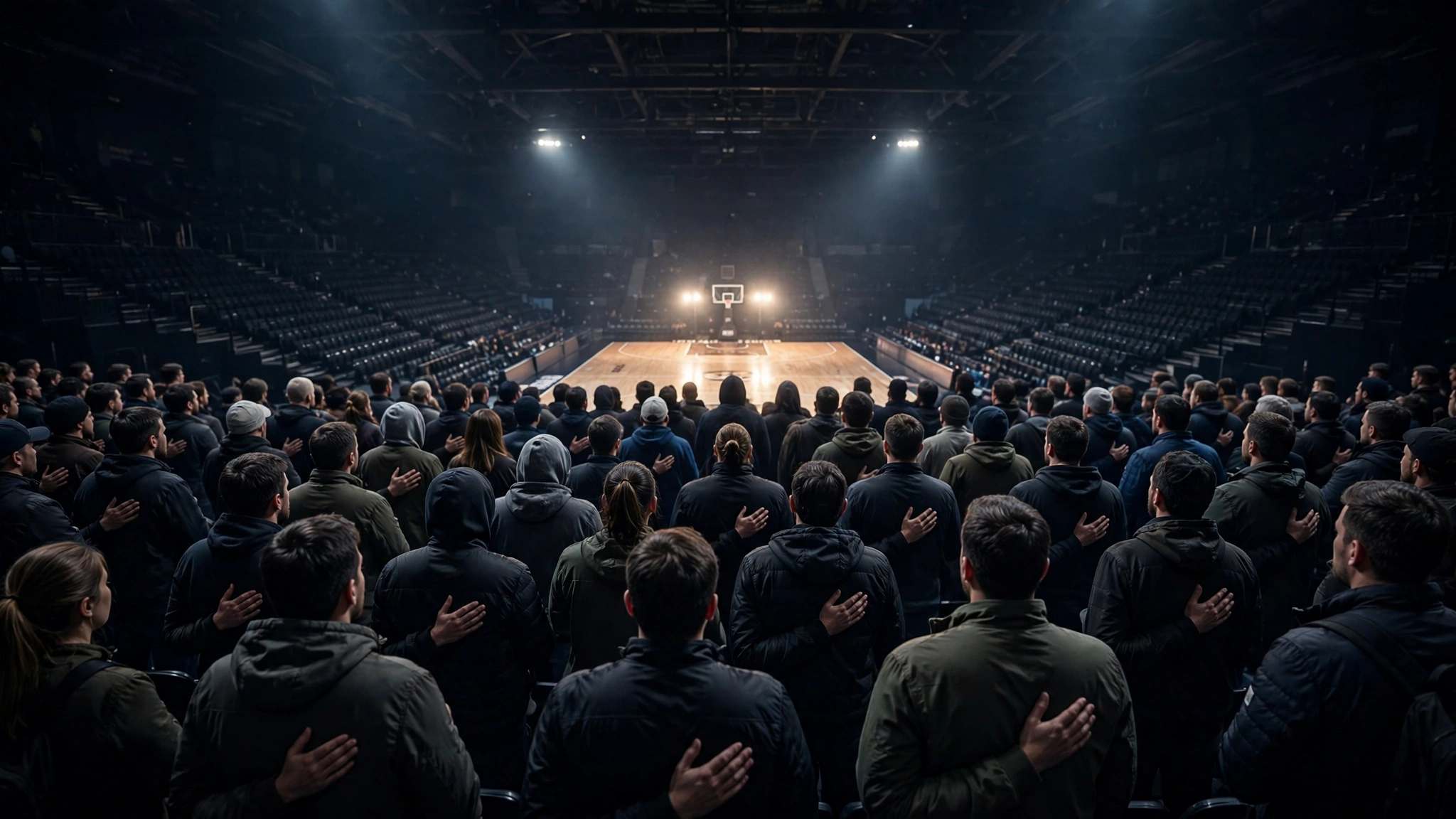 Spectators standing with hands over their hearts in a dark arena during a pre-game ceremony