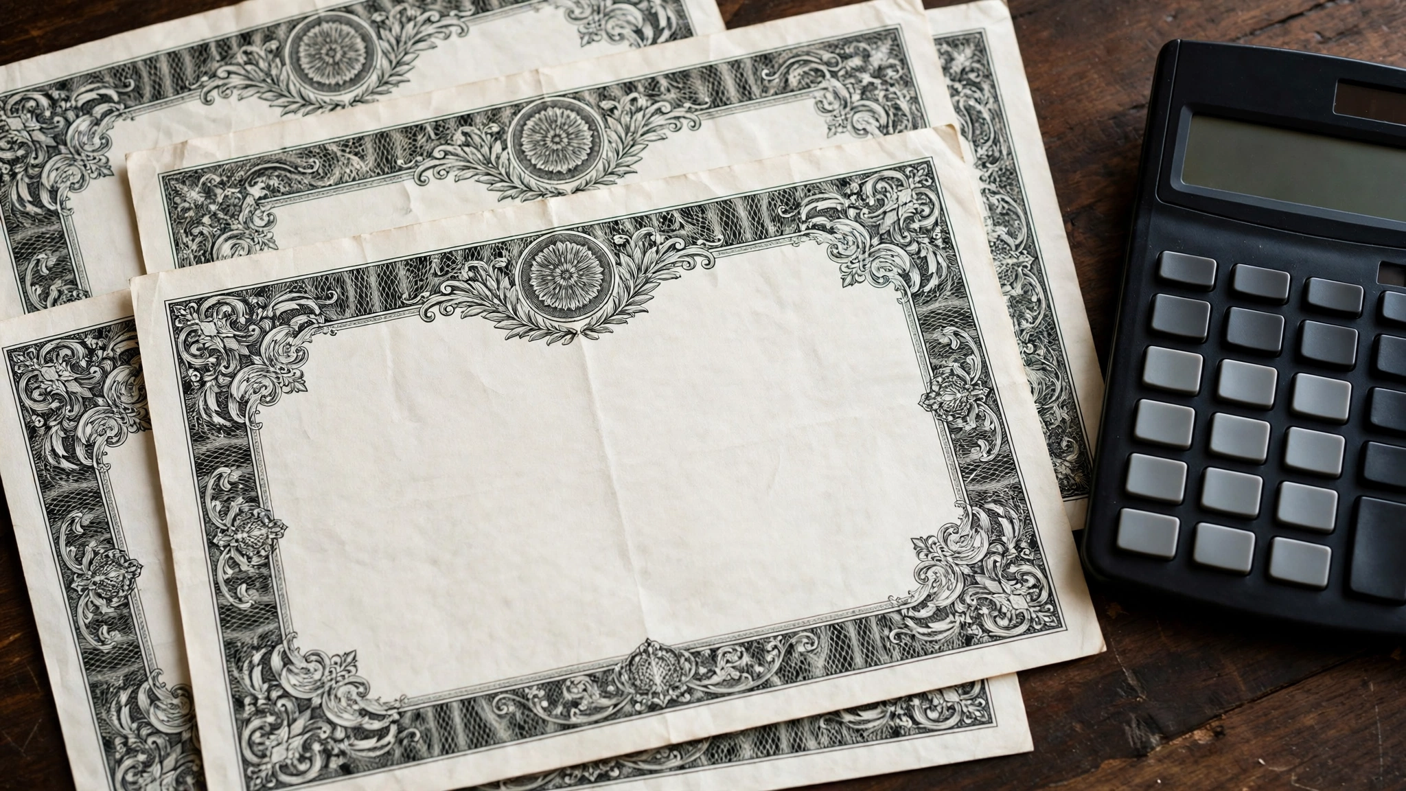 Ornate blank bond certificates with engraved border patterns and a calculator on a wooden desk