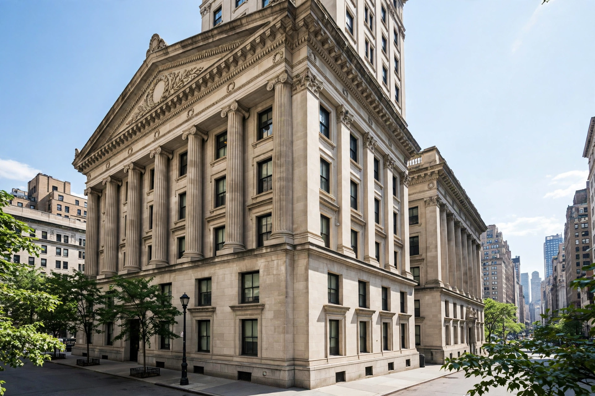 A tall limestone municipal government building in Manhattan with classical columns on a sunny day