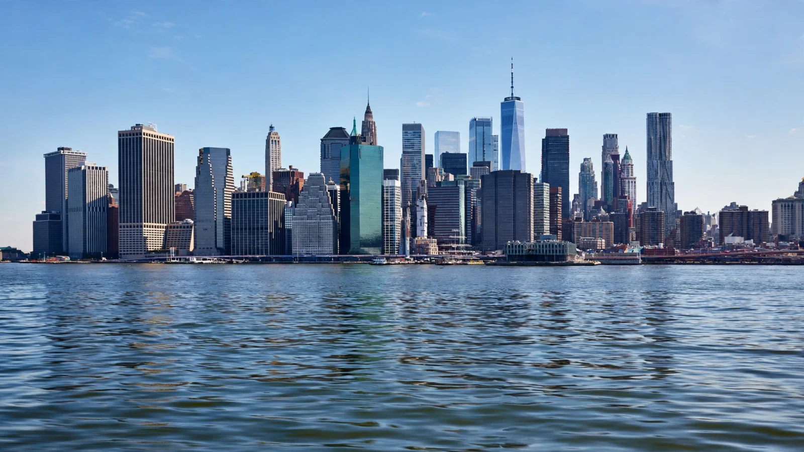 The New York City skyline of skyscrapers seen across the water on a clear day