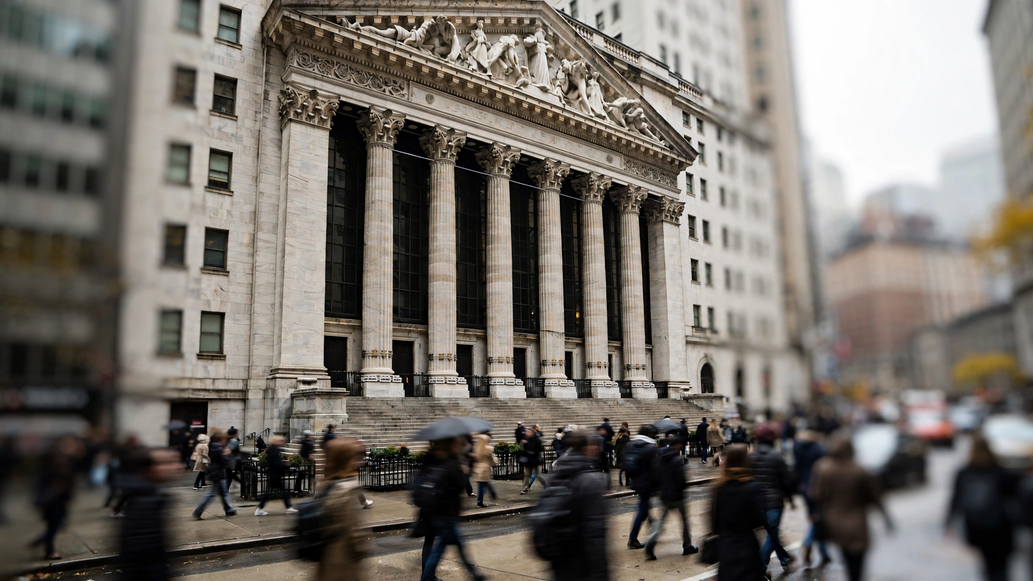 The neoclassical columned facade of the stock exchange building on Wall Street with blurred pedestrians