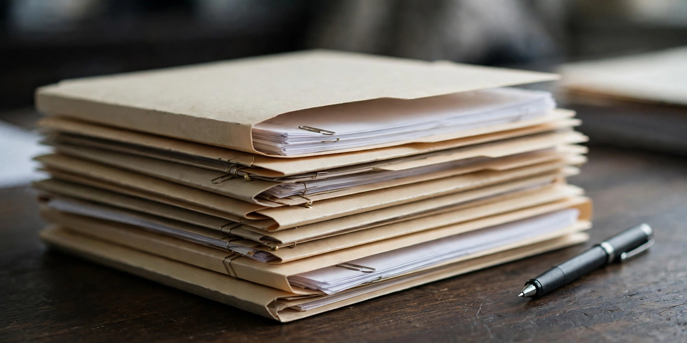 A stack of official document folders with papers and a pen on a wooden desk