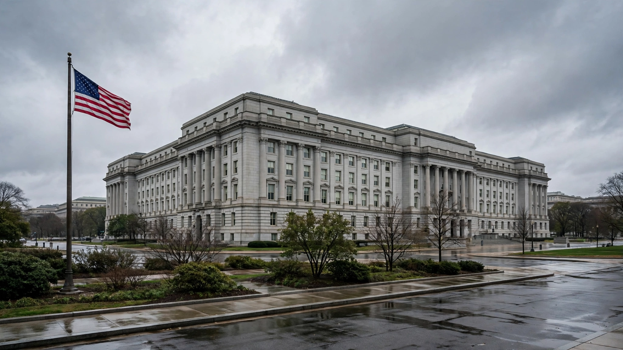 A large federal government office building in Washington D.C. with an American flag in front under an overcast sky
