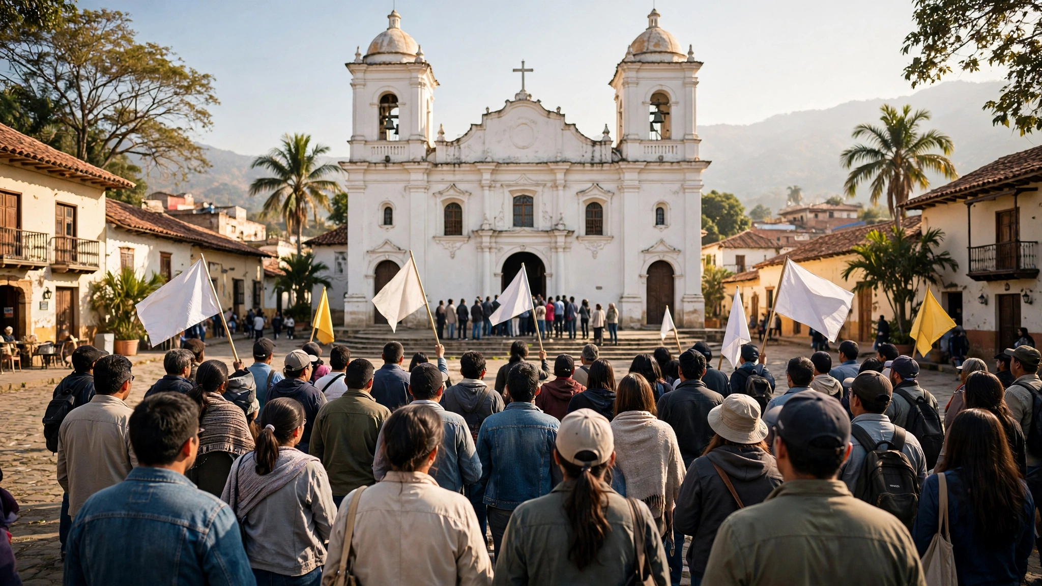 A crowd of people standing outside a white colonial church with two bell towers, some holding plain white and yellow flags.