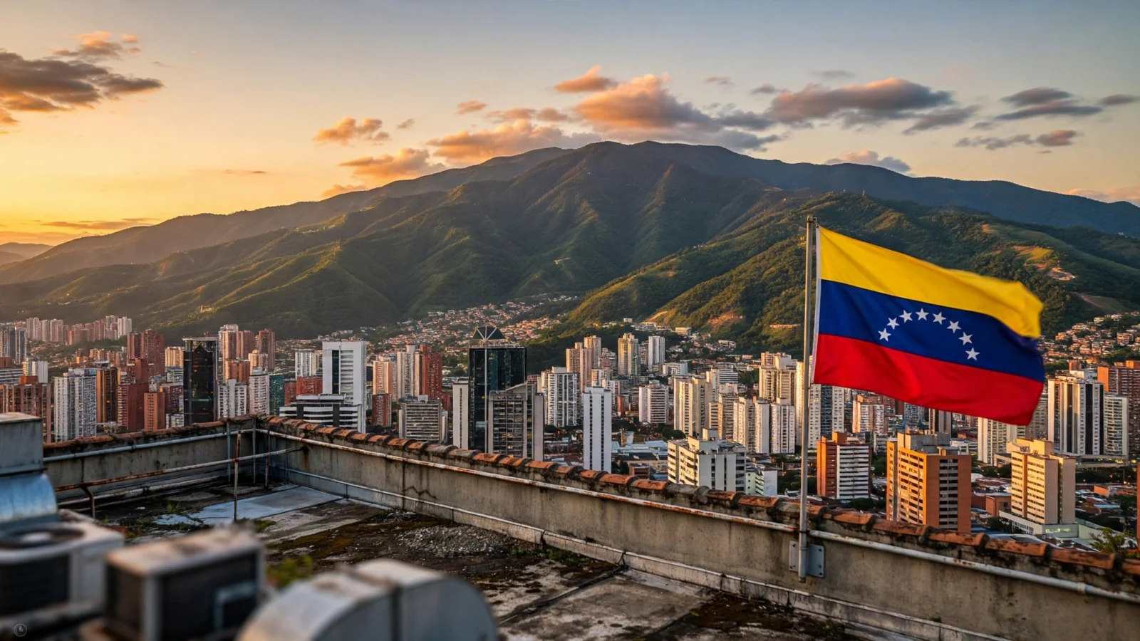 The Caracas skyline at sunset with mountains behind the city and a Venezuelan flag waving from a rooftop in the foreground.