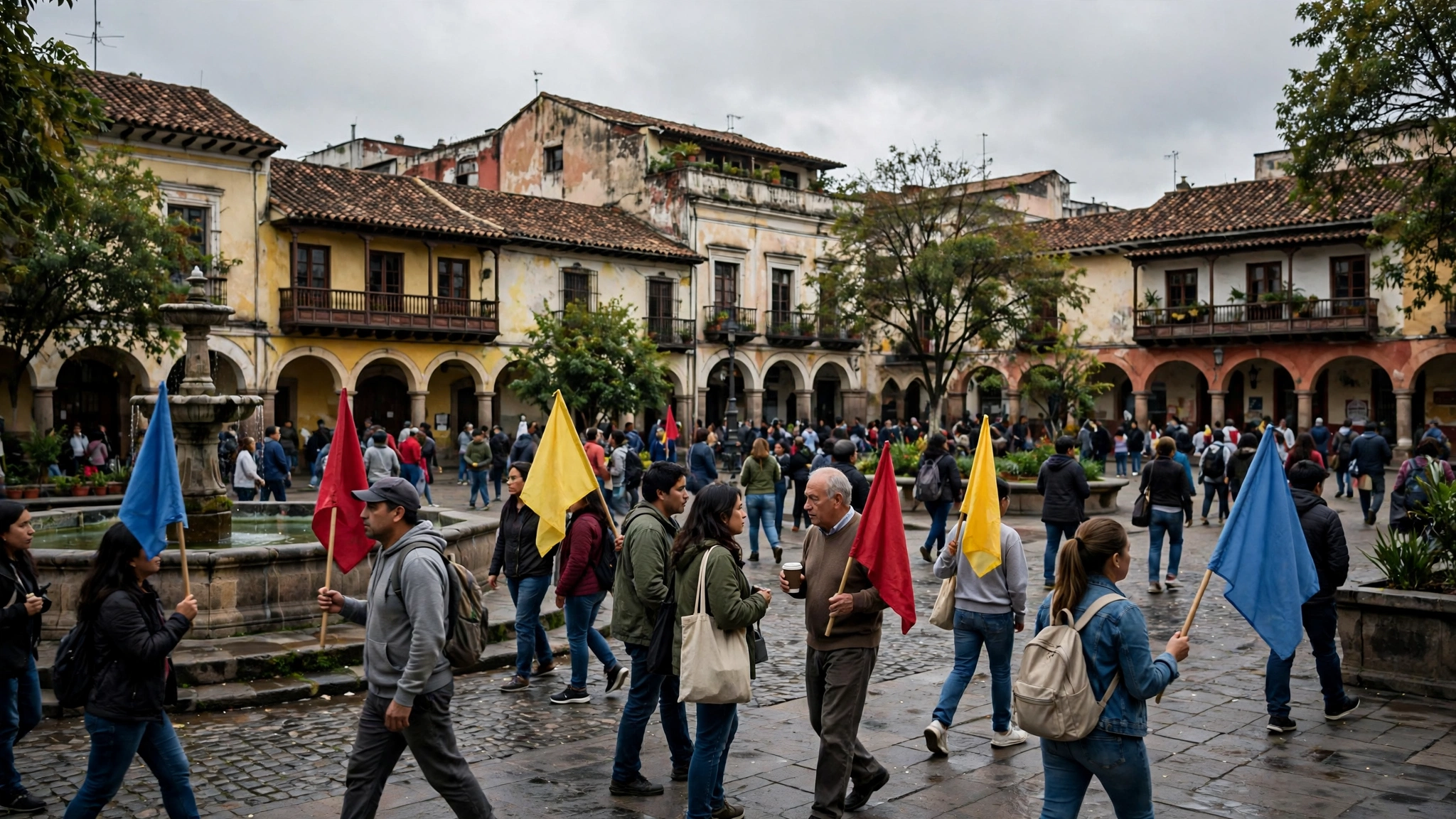 People carrying plain blue, red and yellow flags walk through a cobblestone plaza with colonial buildings and a fountain.