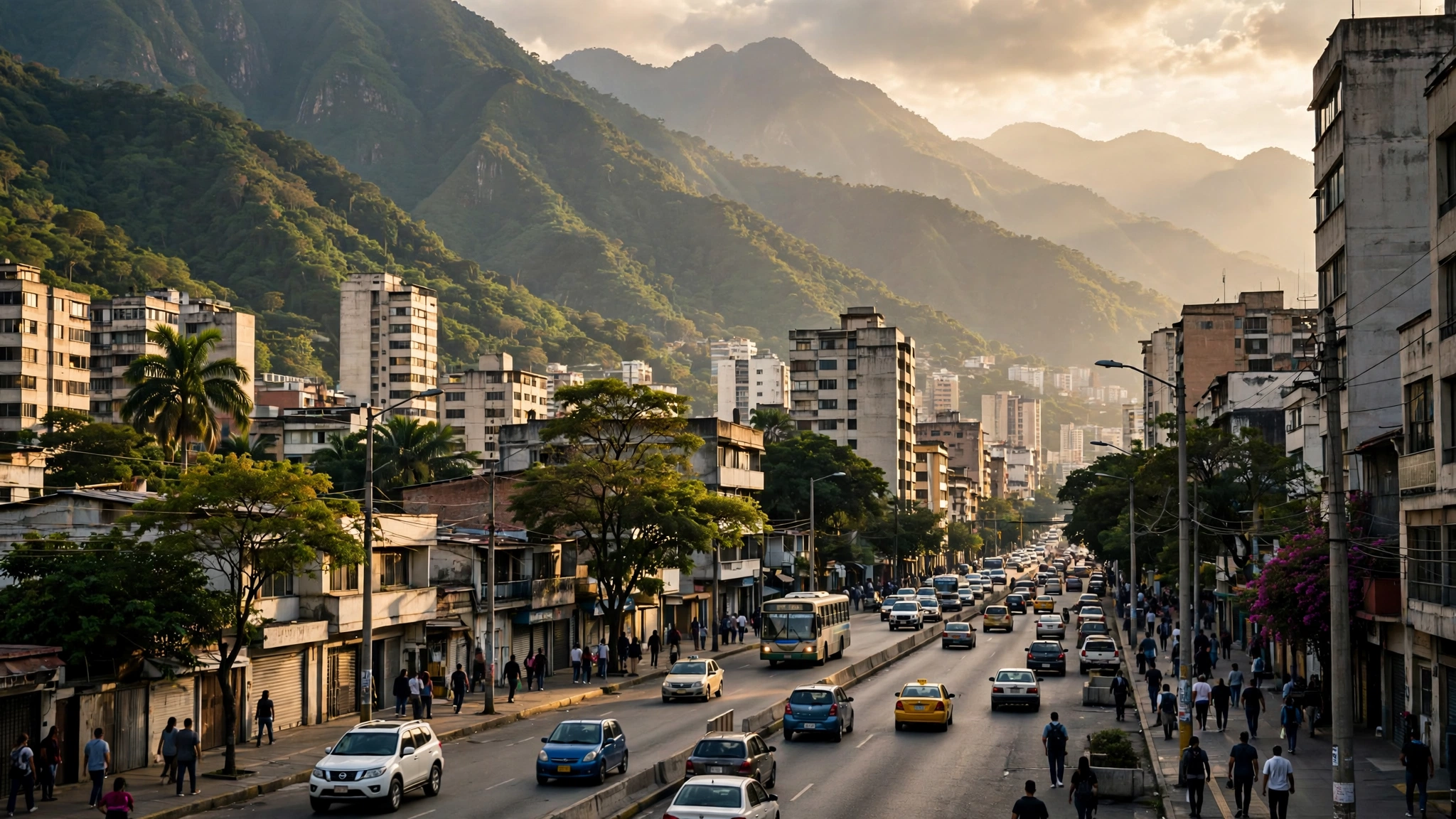 Traffic and pedestrians on a busy street in a Venezuelan city with apartment buildings and green mountains in the background.