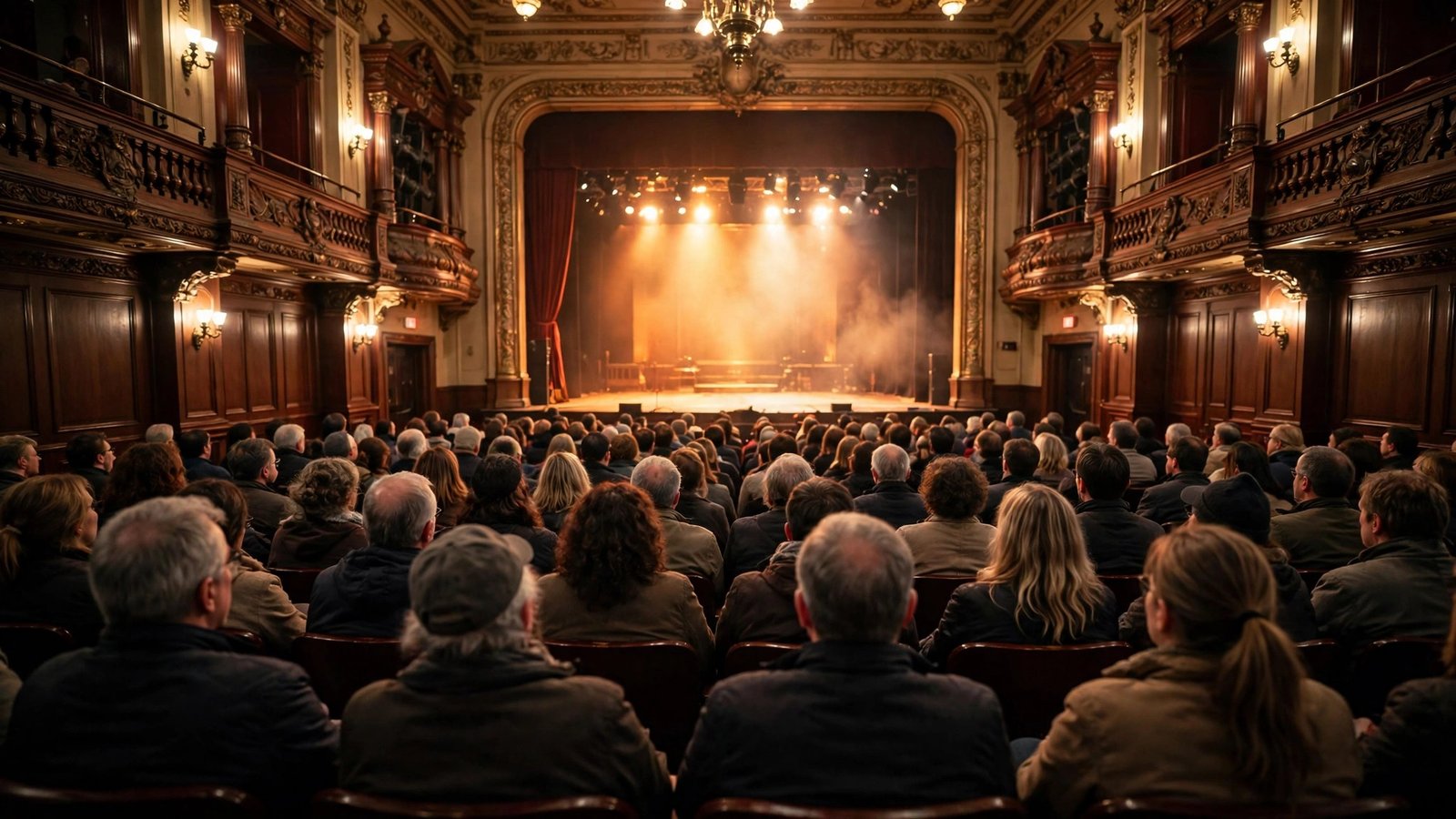 A packed historic theater with the audience seated facing a brightly lit stage.