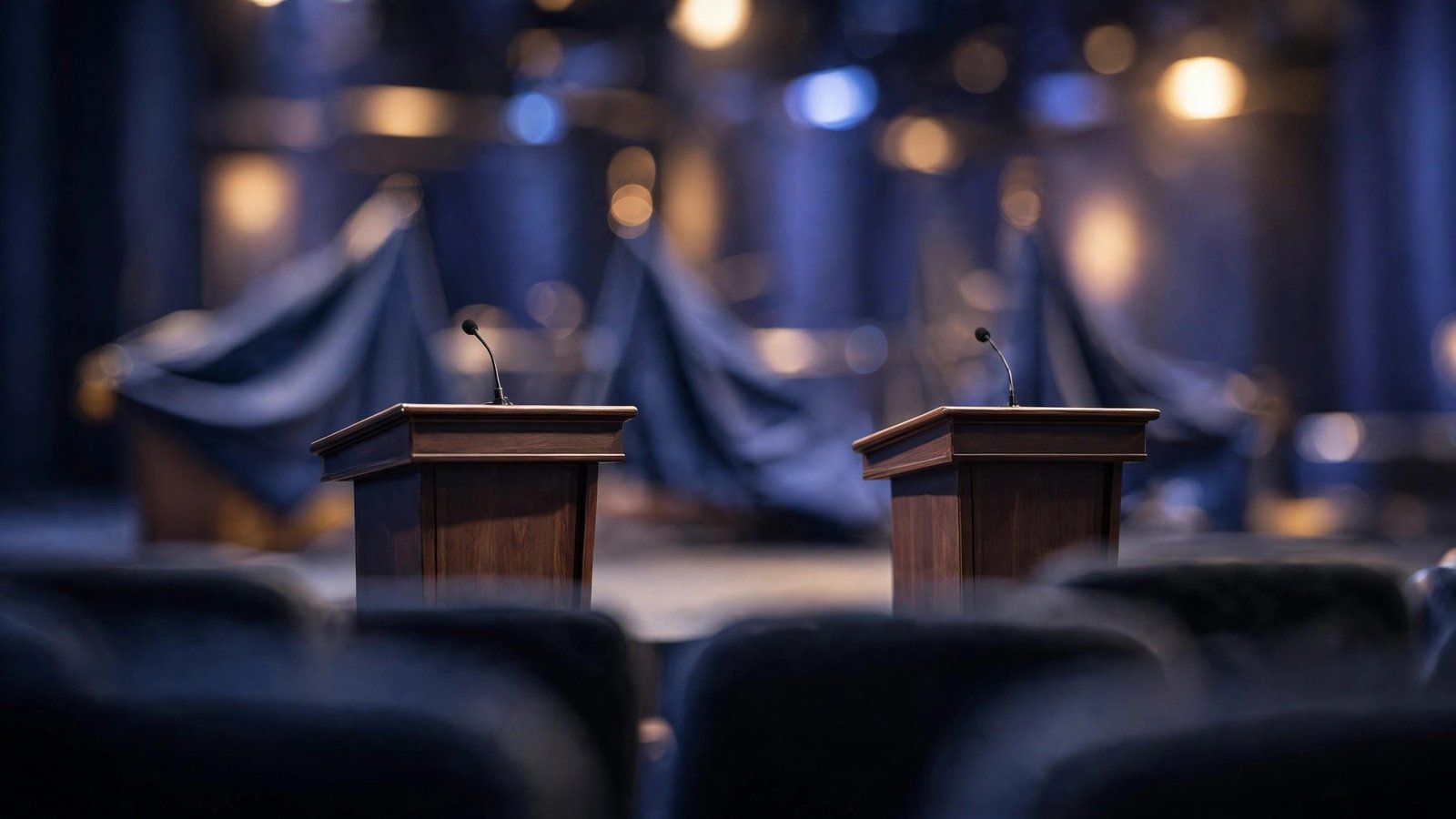 Two empty wooden debate podiums with microphones under stage lights, seen from empty audience seats.
