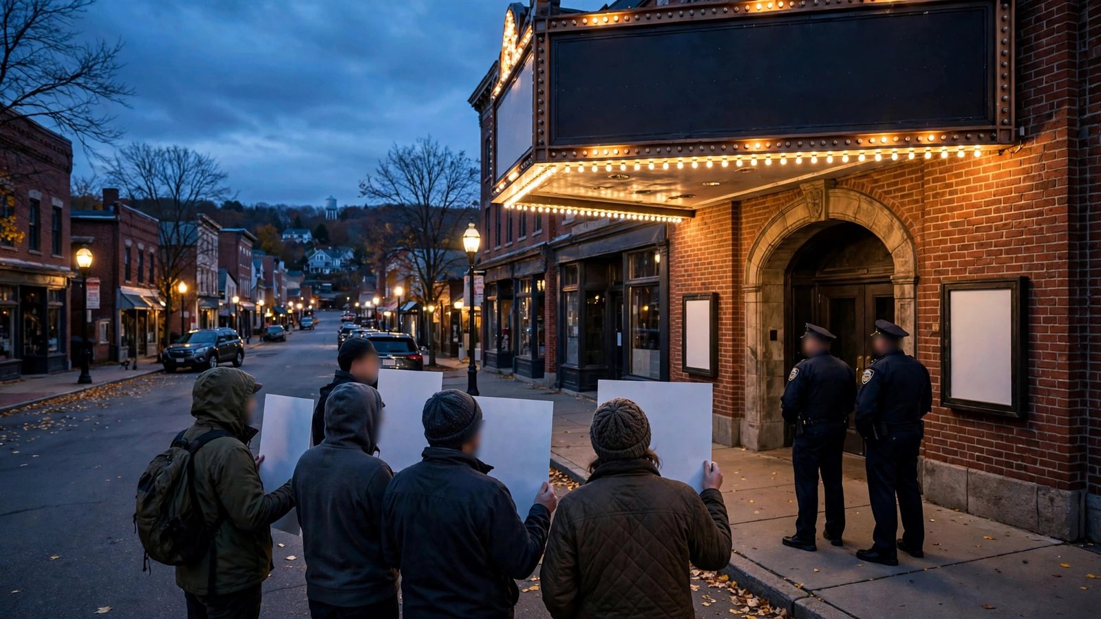 Demonstrators holding blank signs outside a brick theater at dusk while police officers stand by the entrance.