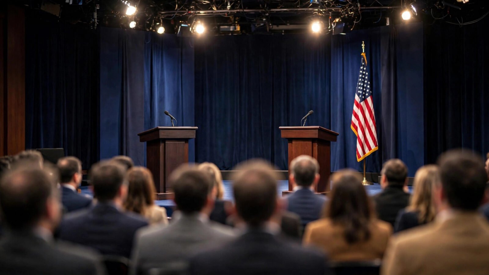 A Senate debate stage with two empty podiums and microphones beside an American flag, viewed from seats in the audience.