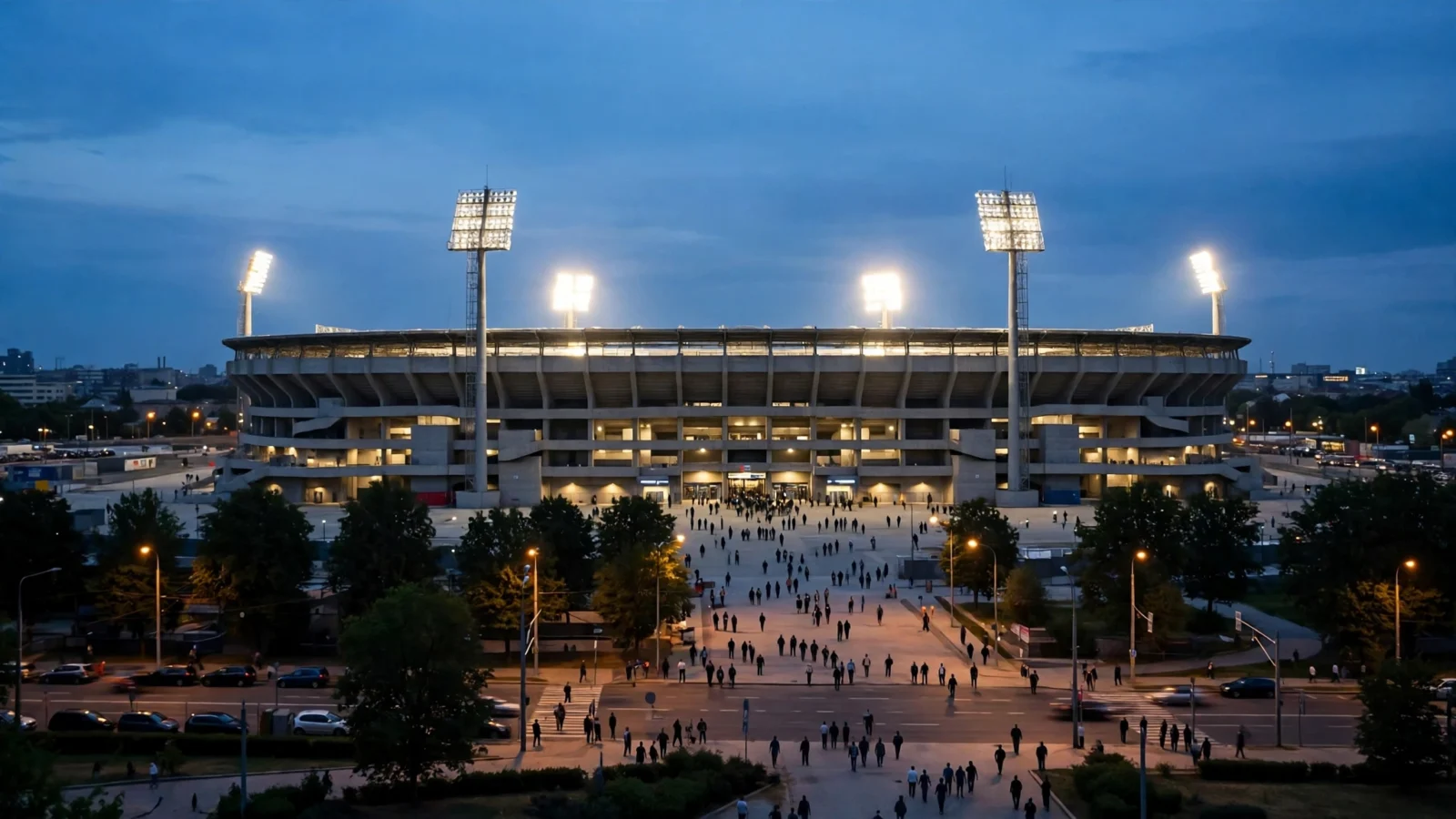 A large soccer stadium at dusk with floodlights on and crowds walking toward the entrance