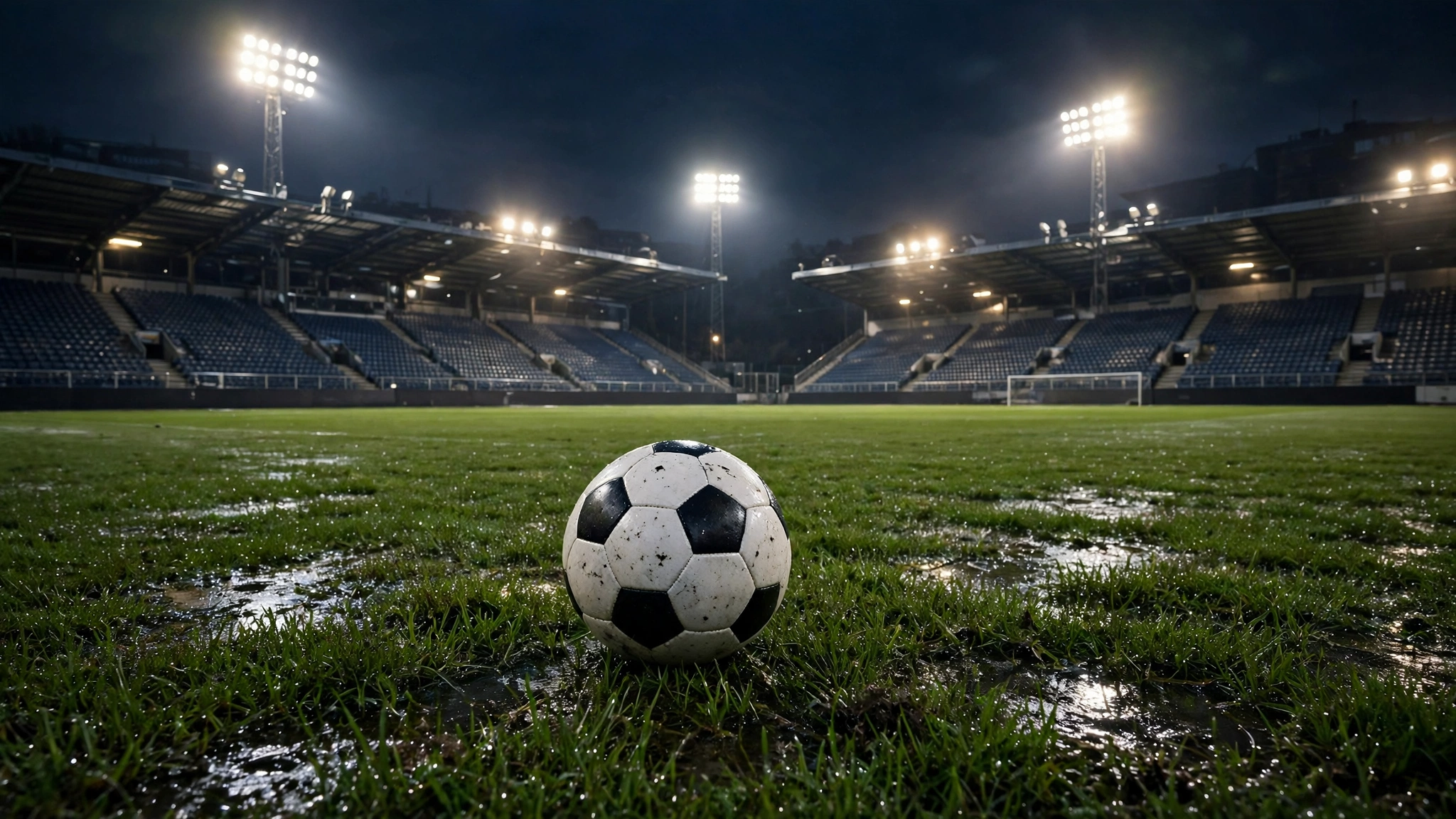 A soccer ball on wet grass in an empty stadium at night under floodlights