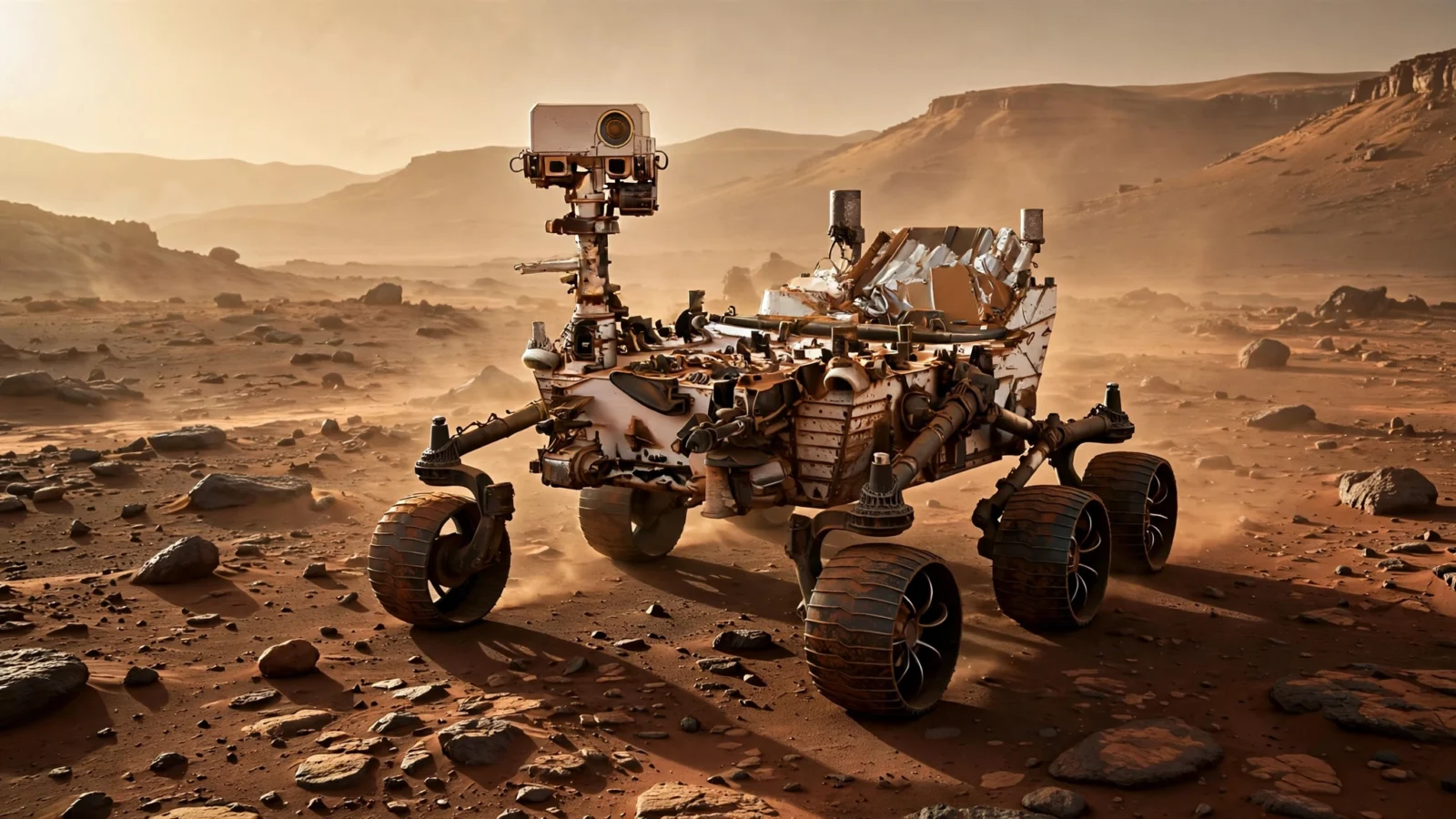 A six-wheeled Mars rover driving across red rocky terrain under a dusty orange sky.