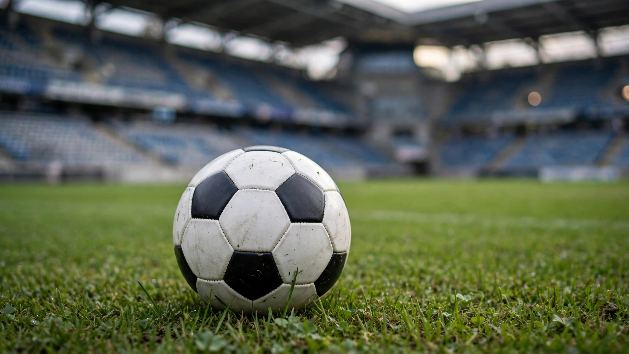 A black and white soccer ball resting on green grass in a stadium