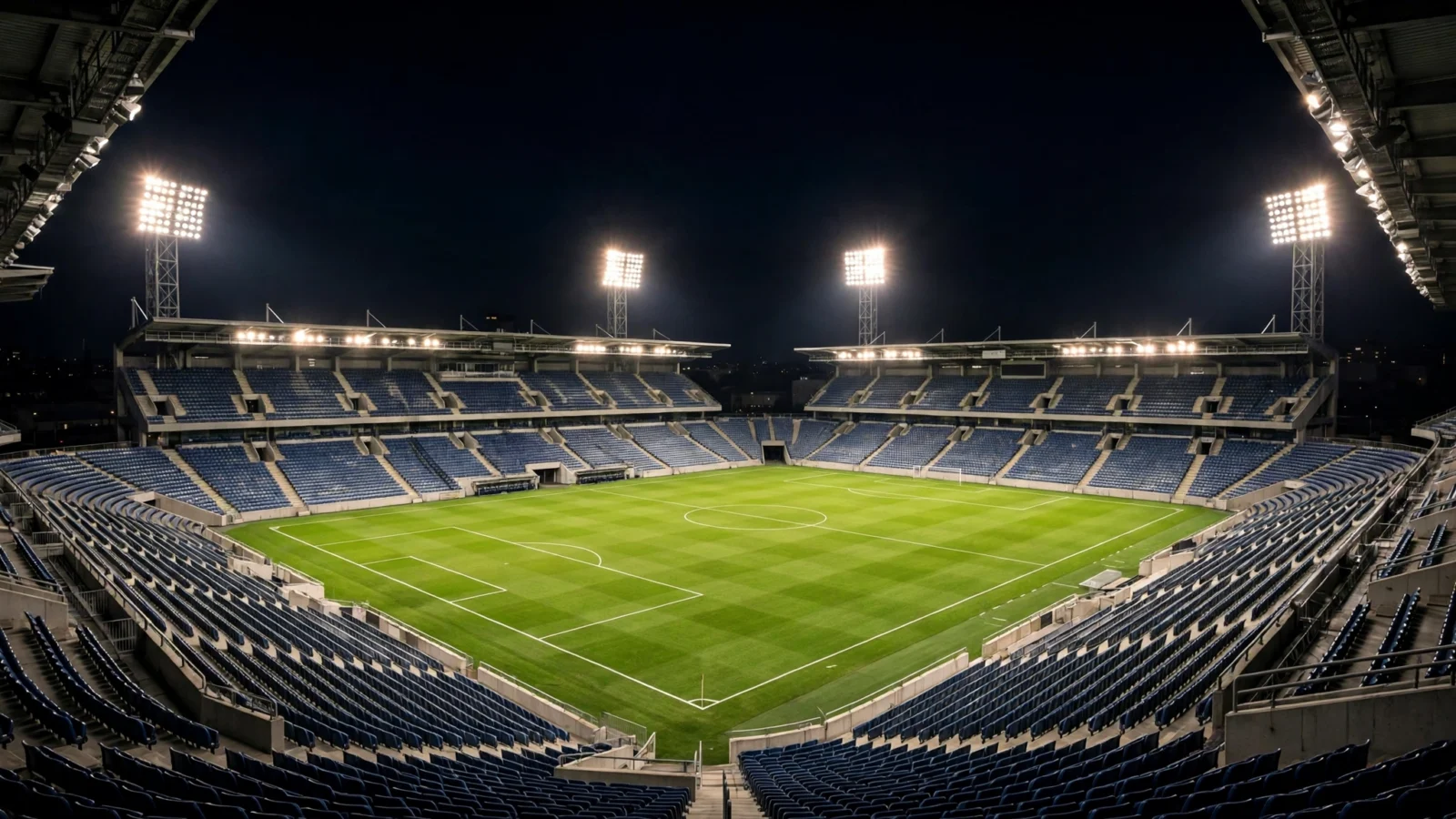 An empty soccer stadium lit by floodlights at night, with a green pitch and rows of blue seats